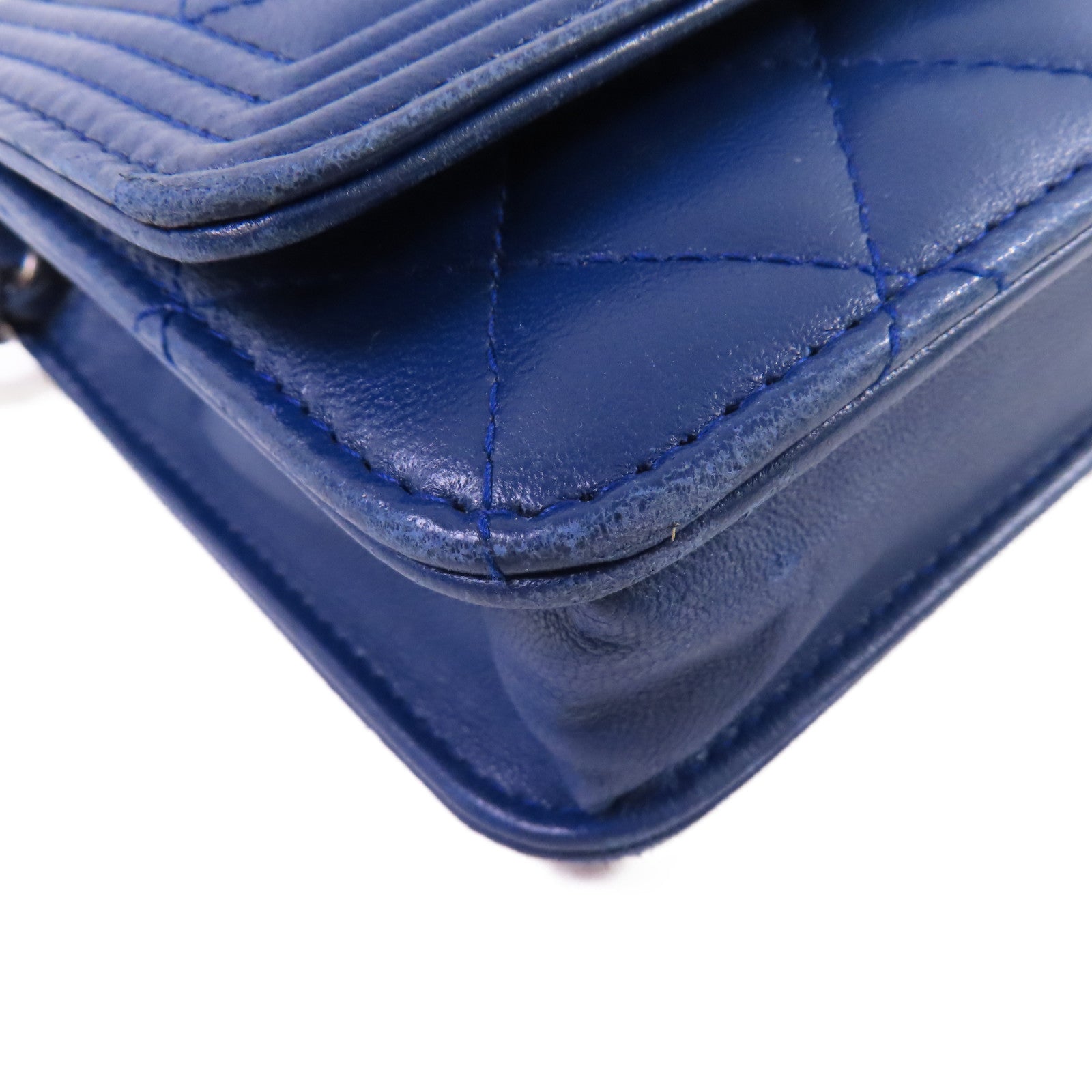 CHANEL 【激減優惠】菱格羊皮皮革WOC Wallet On Chain Shoulder Bag銀扣鏈帶肩背袋藍色