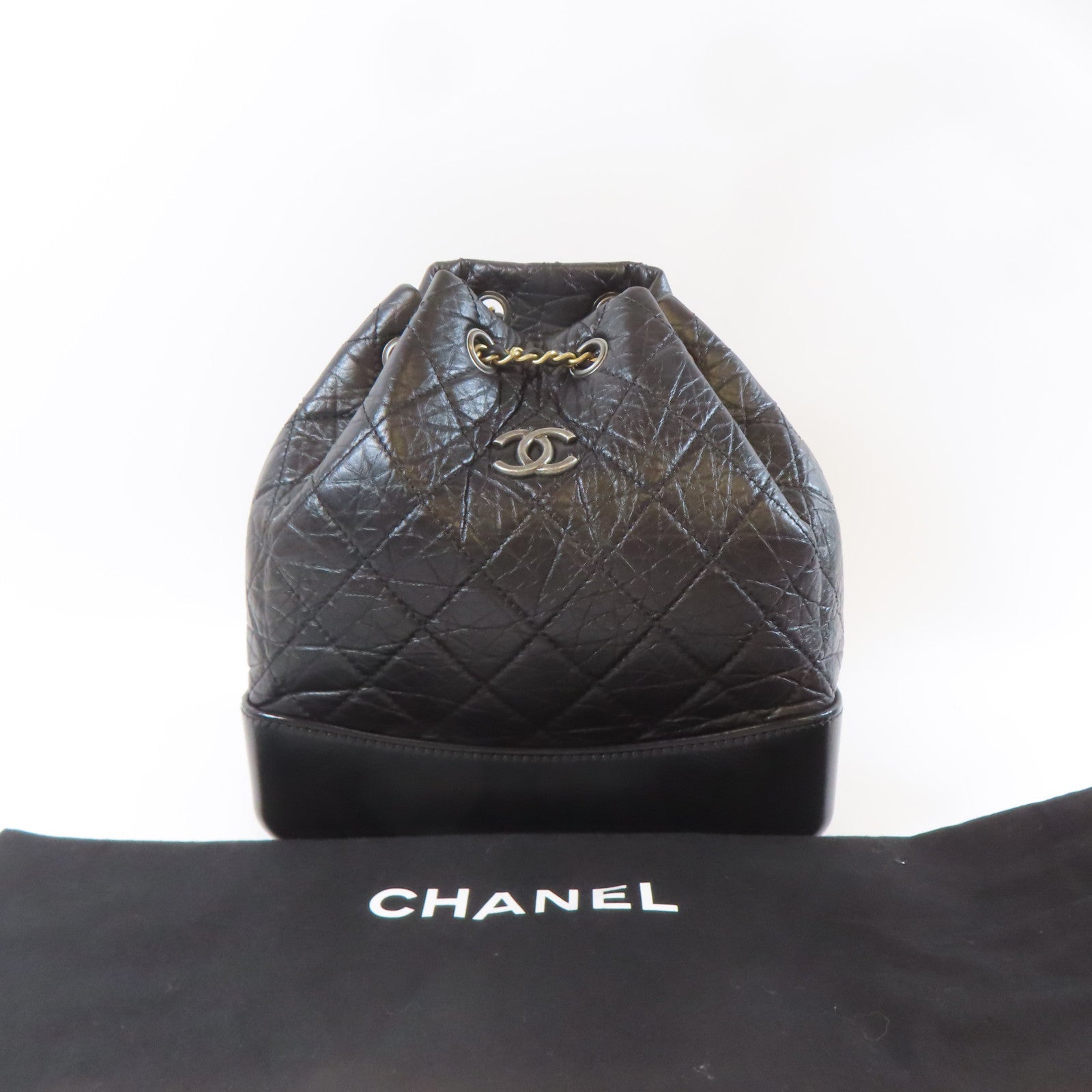 CHANEL 菱格牛皮皮革Gabrielle Backpack Small鏈帶背包黑色