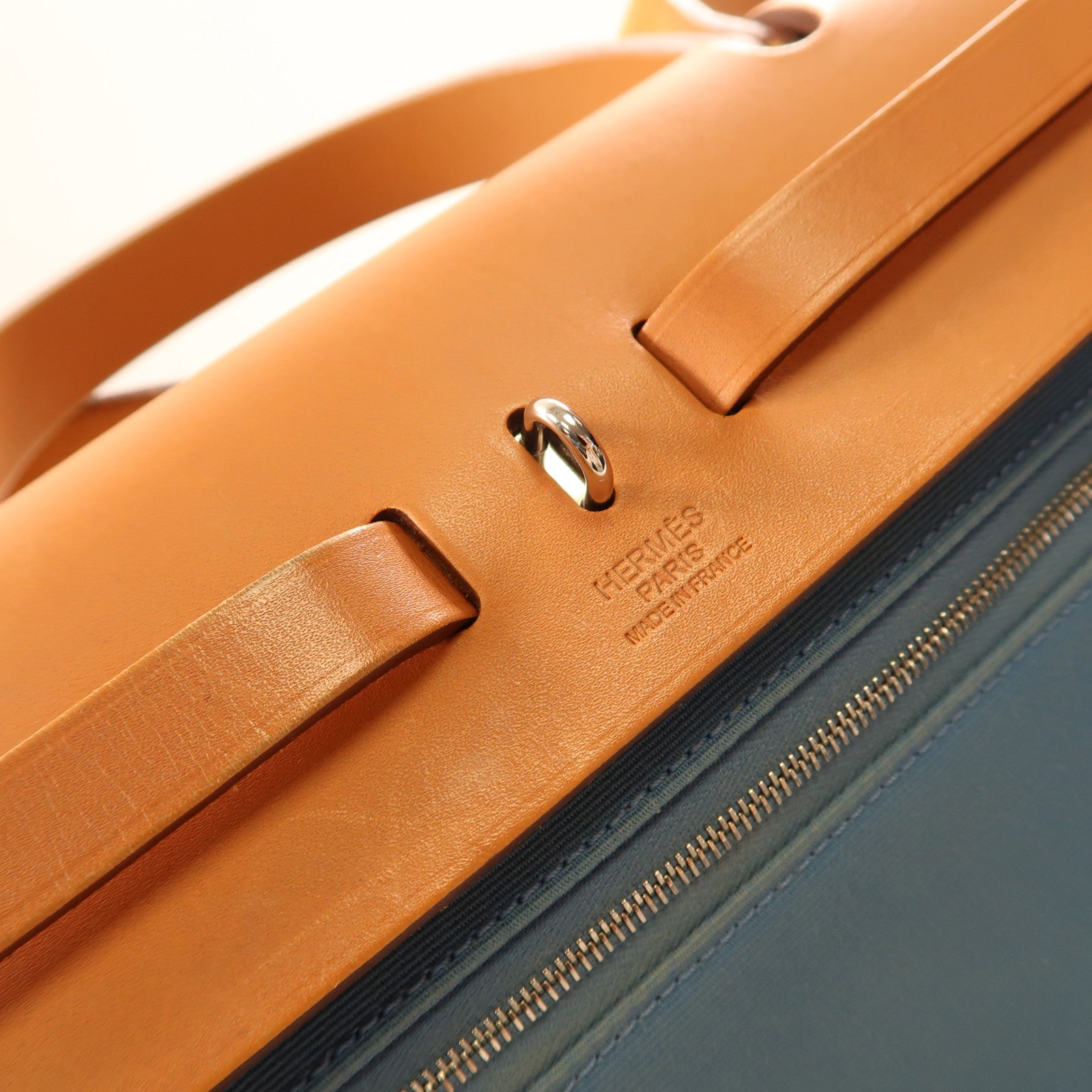 HERMES 帆布/皮革Herbag PM銀扣手挽肩背兩用J7 Bleu Lin/灰水藍