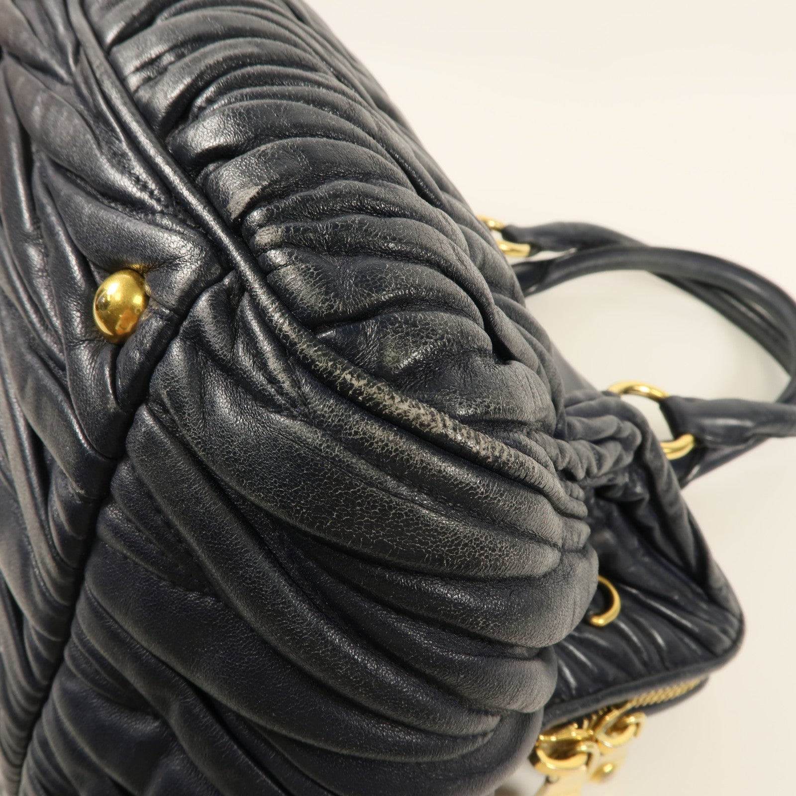 MIU MIU GHW Hand Bag Lambskin Leather Navy