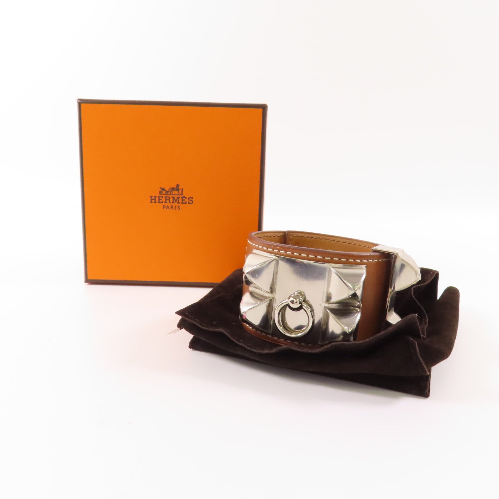 HERMES Swift皮革Collier de Chien銀扣手鐲Gold