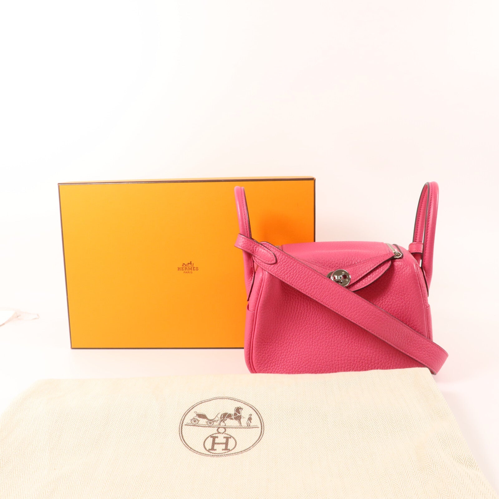 HERMES Clemence皮革Mini Lindy手挽肩背兩用袋Rose Mexico