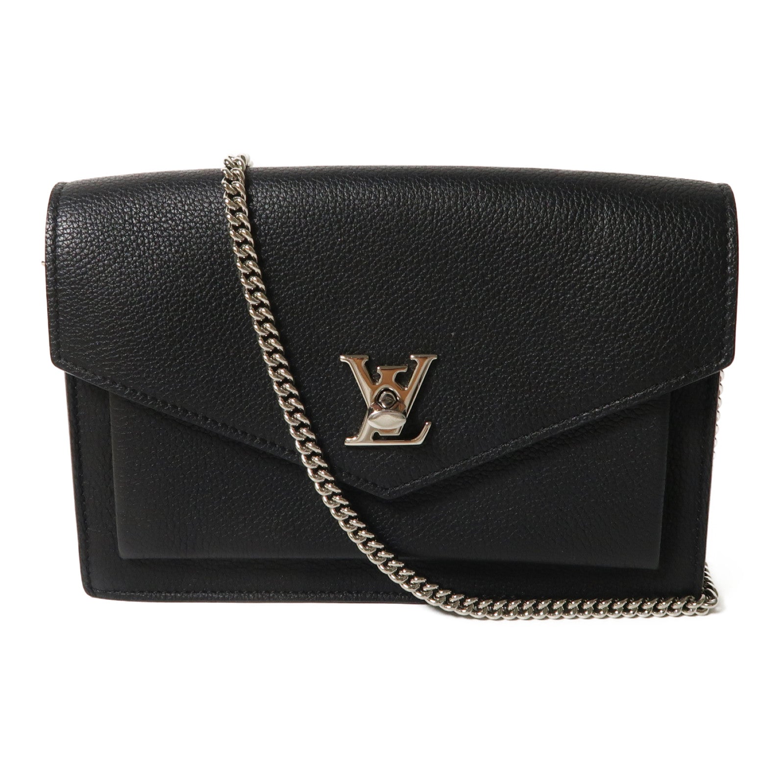 LOUIS VUITTON 牛皮皮革Mylockme Chain Pochette銀扣鏈帶肩背袋黑色