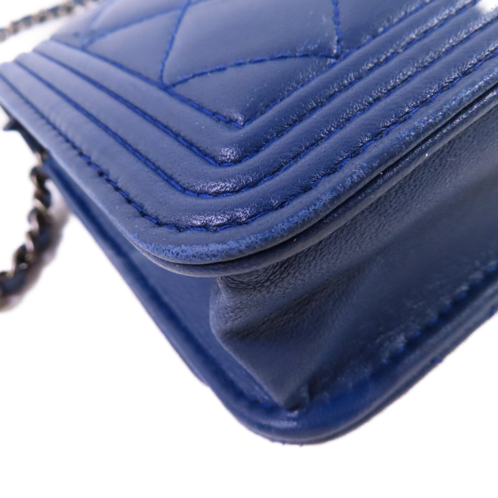 CHANEL 【激減優惠】菱格羊皮皮革WOC Wallet On Chain Shoulder Bag銀扣鏈帶肩背袋藍色