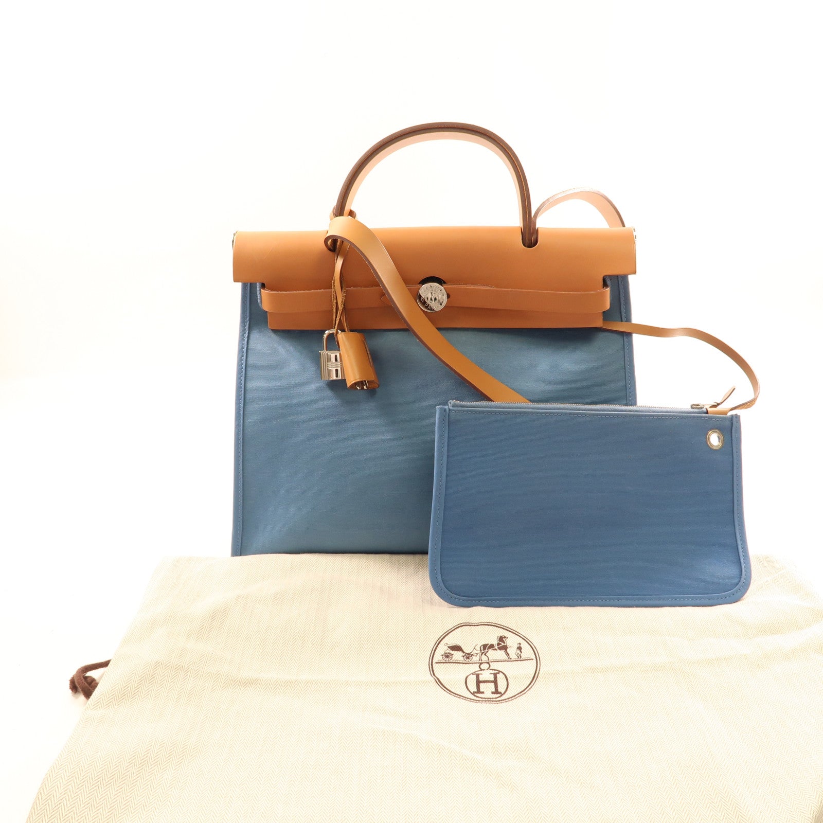 HERMES 帆布/皮革Herbag PM銀扣手挽肩背兩用J7 Bleu Lin/灰水藍