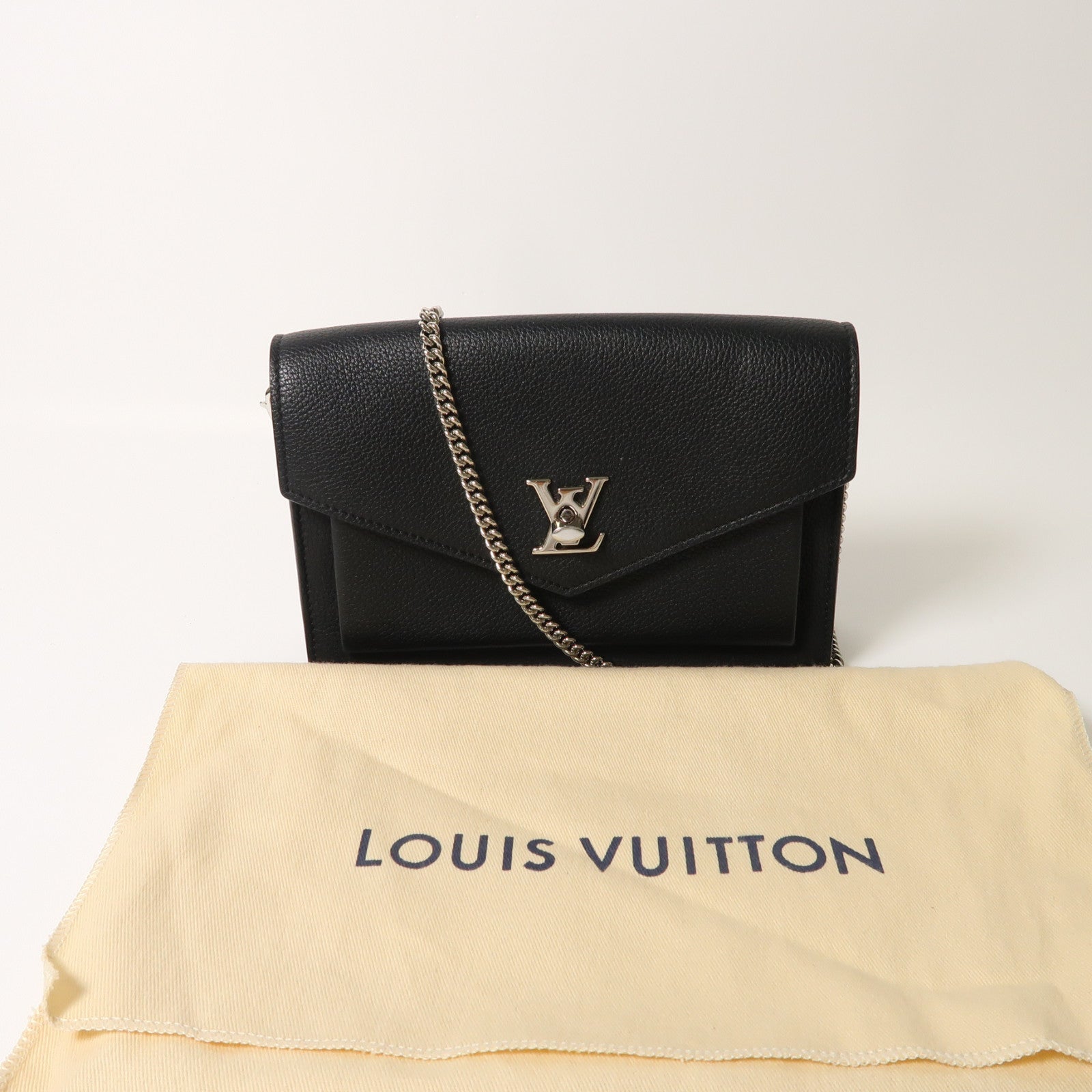 LOUIS VUITTON 牛皮皮革Mylockme Chain Pochette銀扣鏈帶肩背袋黑色