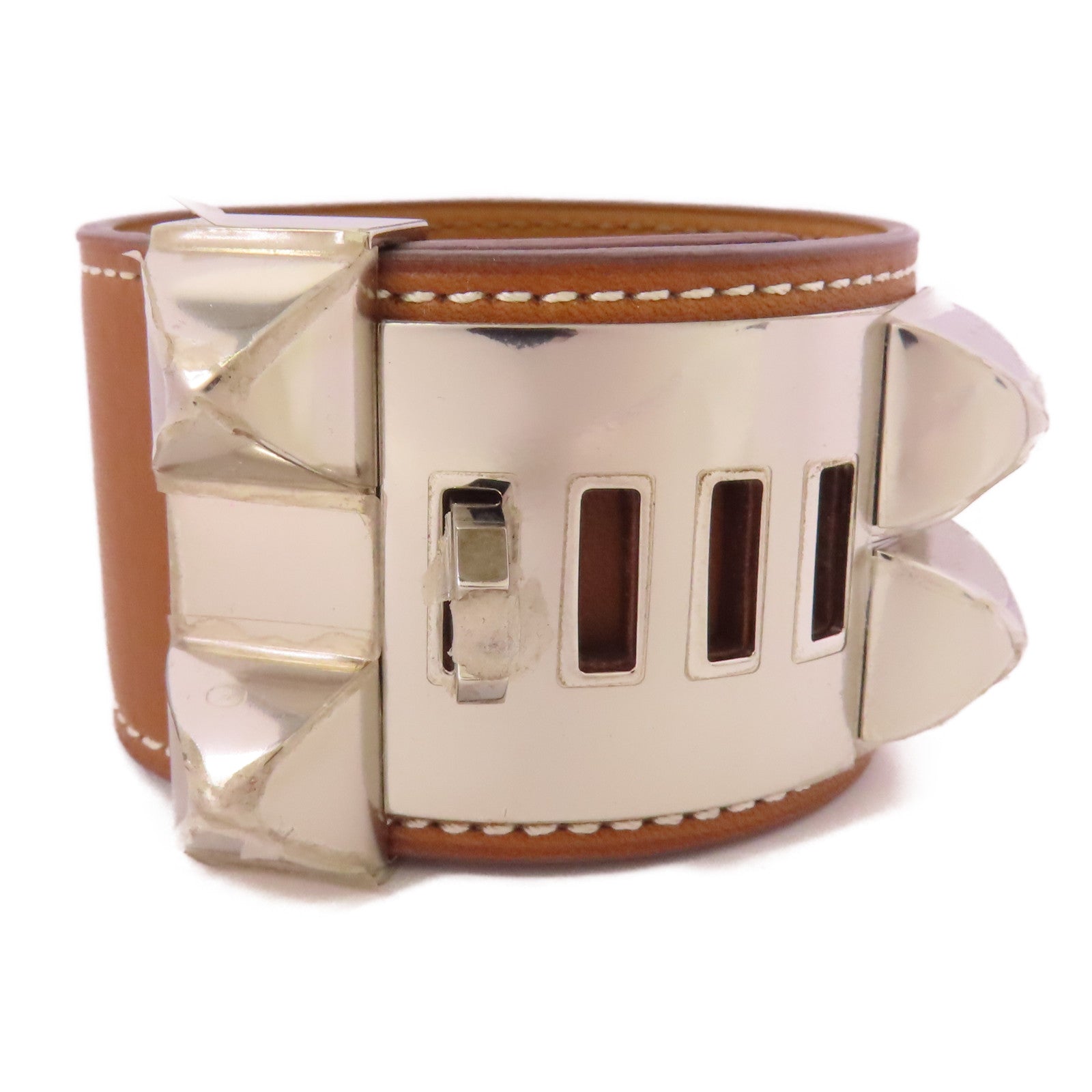 HERMES Swift皮革Collier de Chien銀扣手鐲Gold