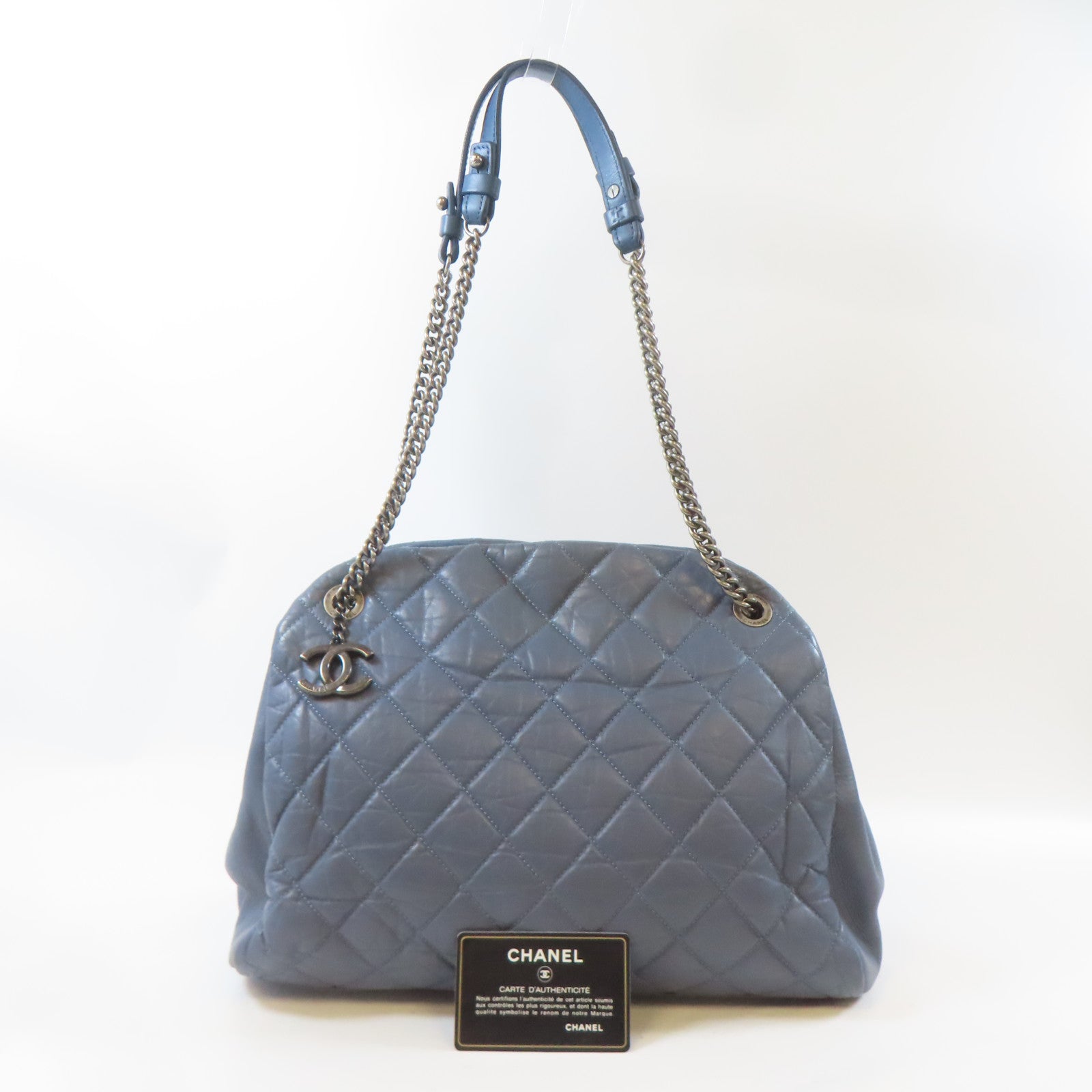 CHANEL 菱格牛皮皮革Chain Shoulder Bag黑扣手挽肩背兩用袋藍色
