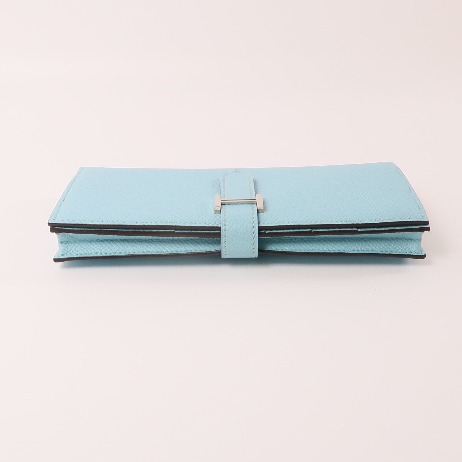 HERMES Epsom皮革Bearn Wallet銀扣長錢包Bleu Atoll/淺藍色