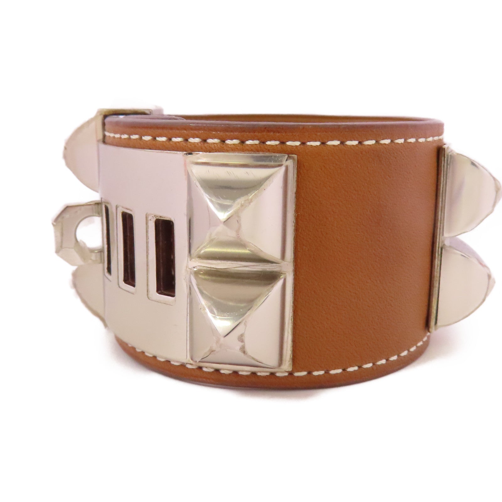 HERMES Swift皮革Collier de Chien銀扣手鐲Gold