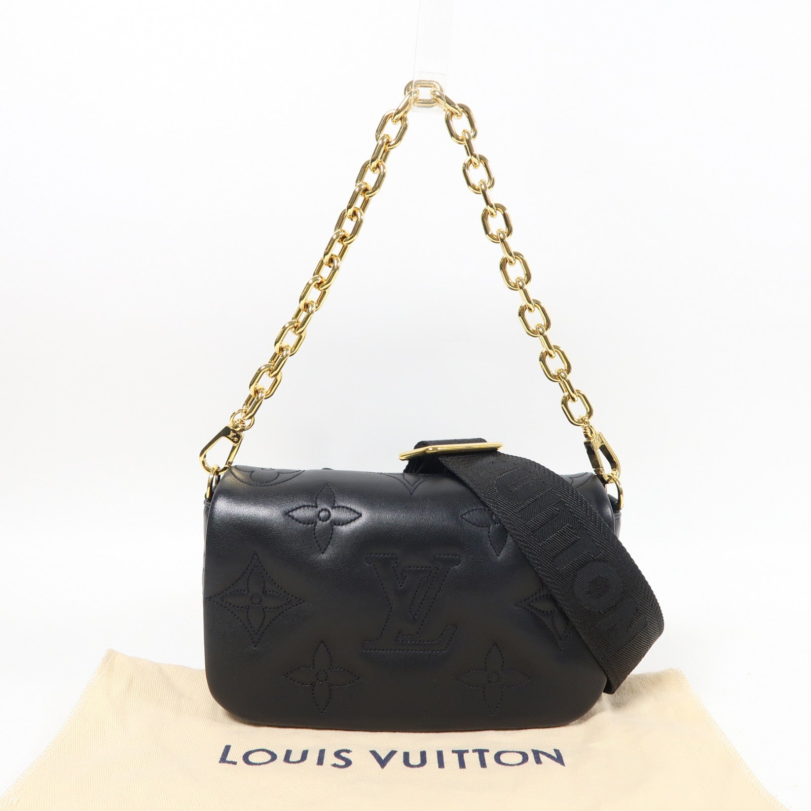 LOUIS VUITTON 牛皮皮革Bubblegram Wallet On Strap金扣手挽肩背兩用袋黑色