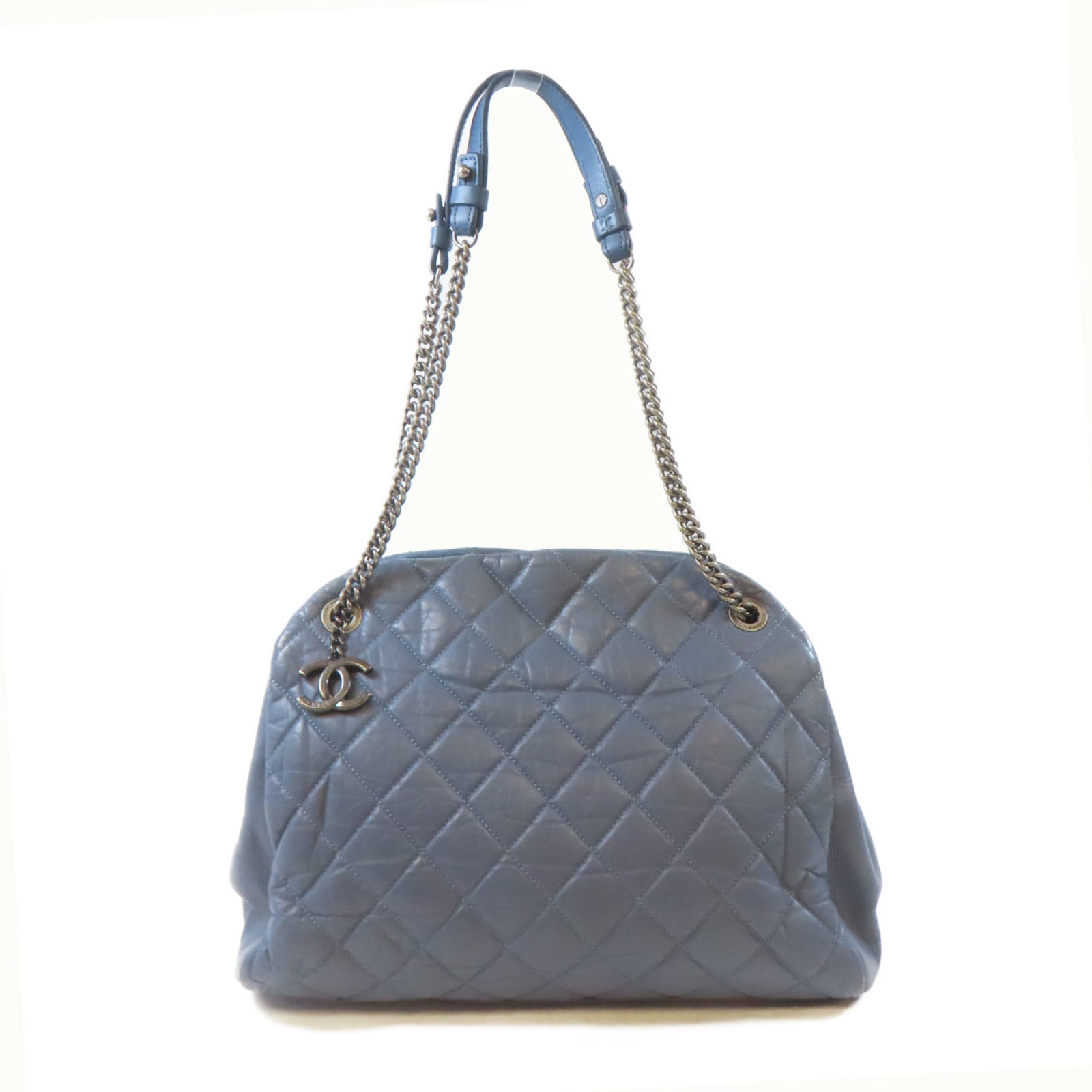 CHANEL 菱格牛皮皮革Chain Shoulder Bag黑扣手挽肩背兩用袋藍色