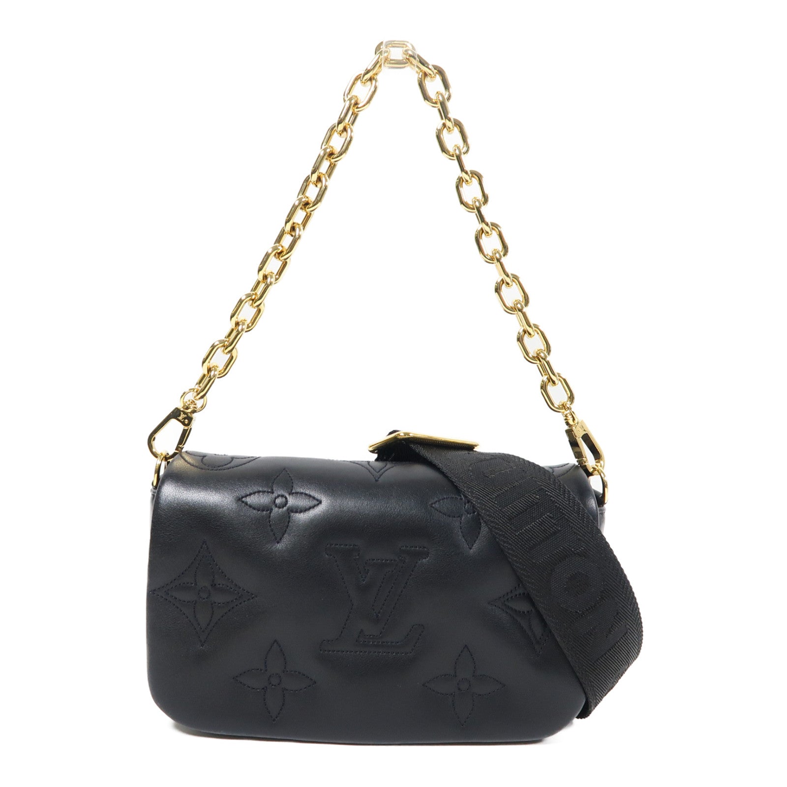 LOUIS VUITTON 牛皮皮革Bubblegram Wallet On Strap金扣手挽肩背兩用袋黑色