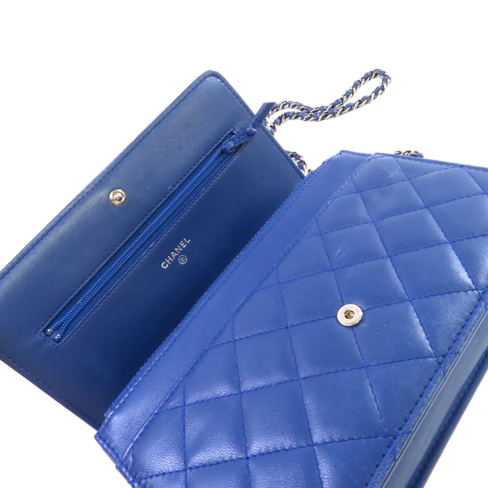CHANEL 【激減優惠】菱格羊皮皮革WOC Wallet On Chain Shoulder Bag銀扣鏈帶肩背袋藍色