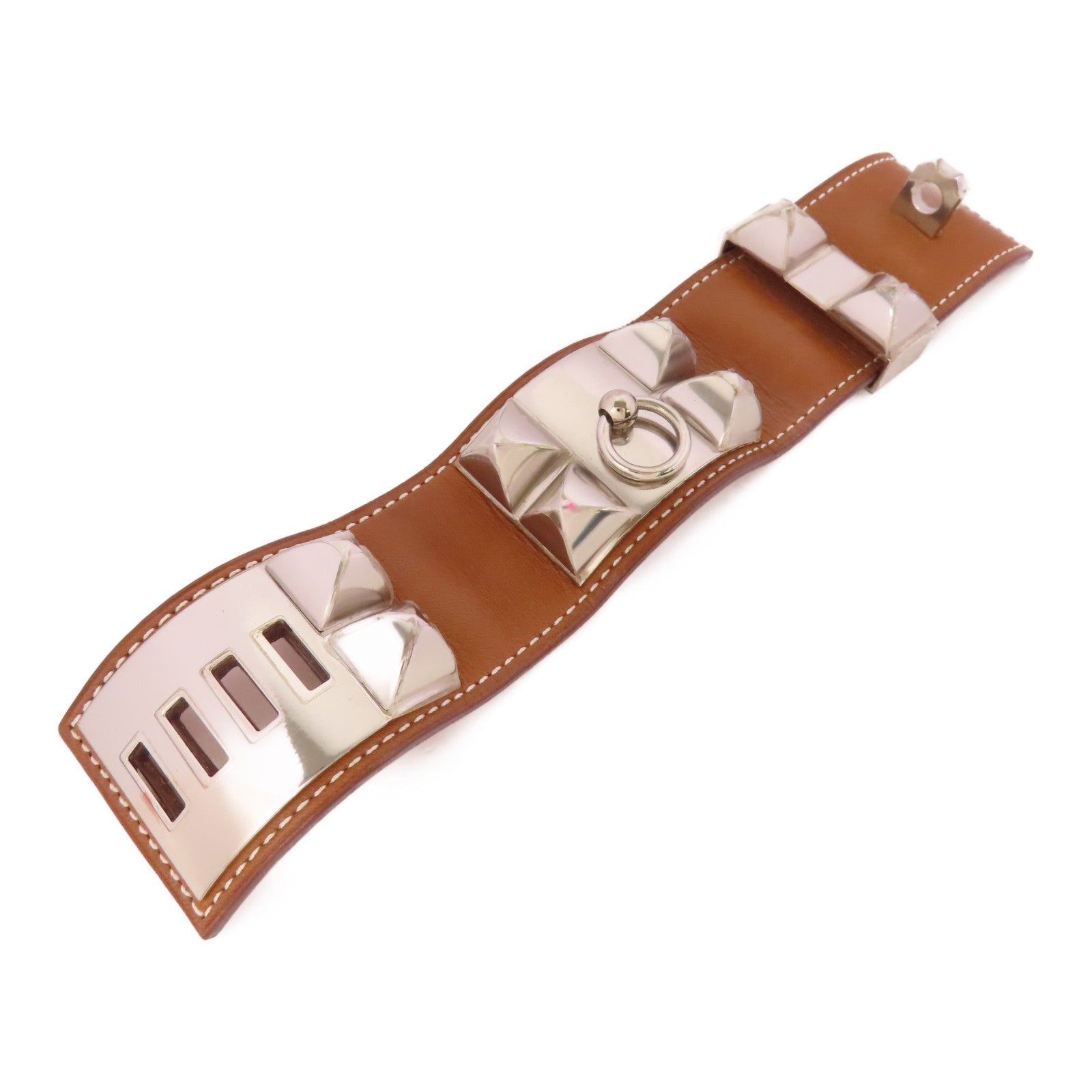 HERMES Swift皮革Collier de Chien銀扣手鐲Gold