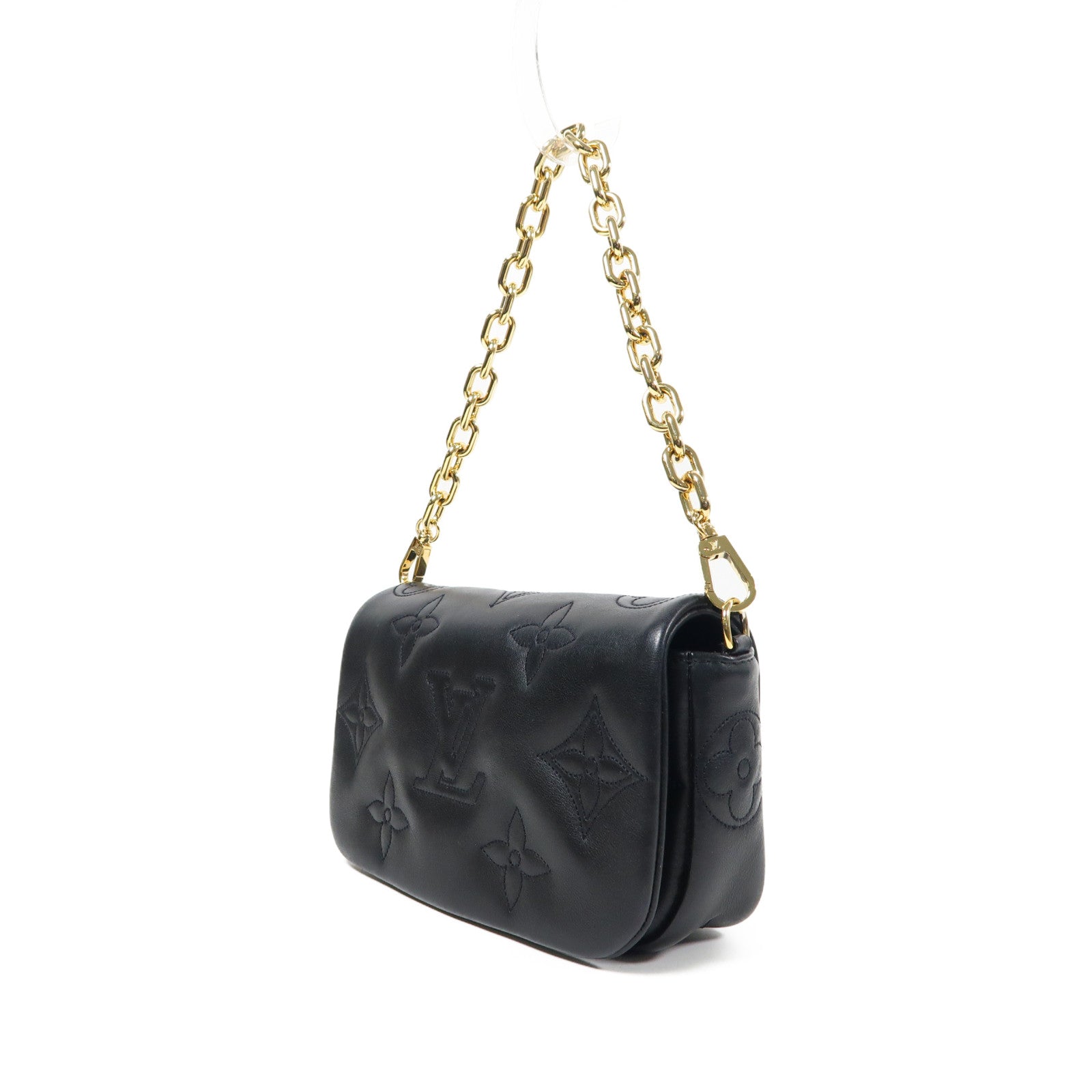 LOUIS VUITTON 牛皮皮革Bubblegram Wallet On Strap金扣手挽肩背兩用袋黑色