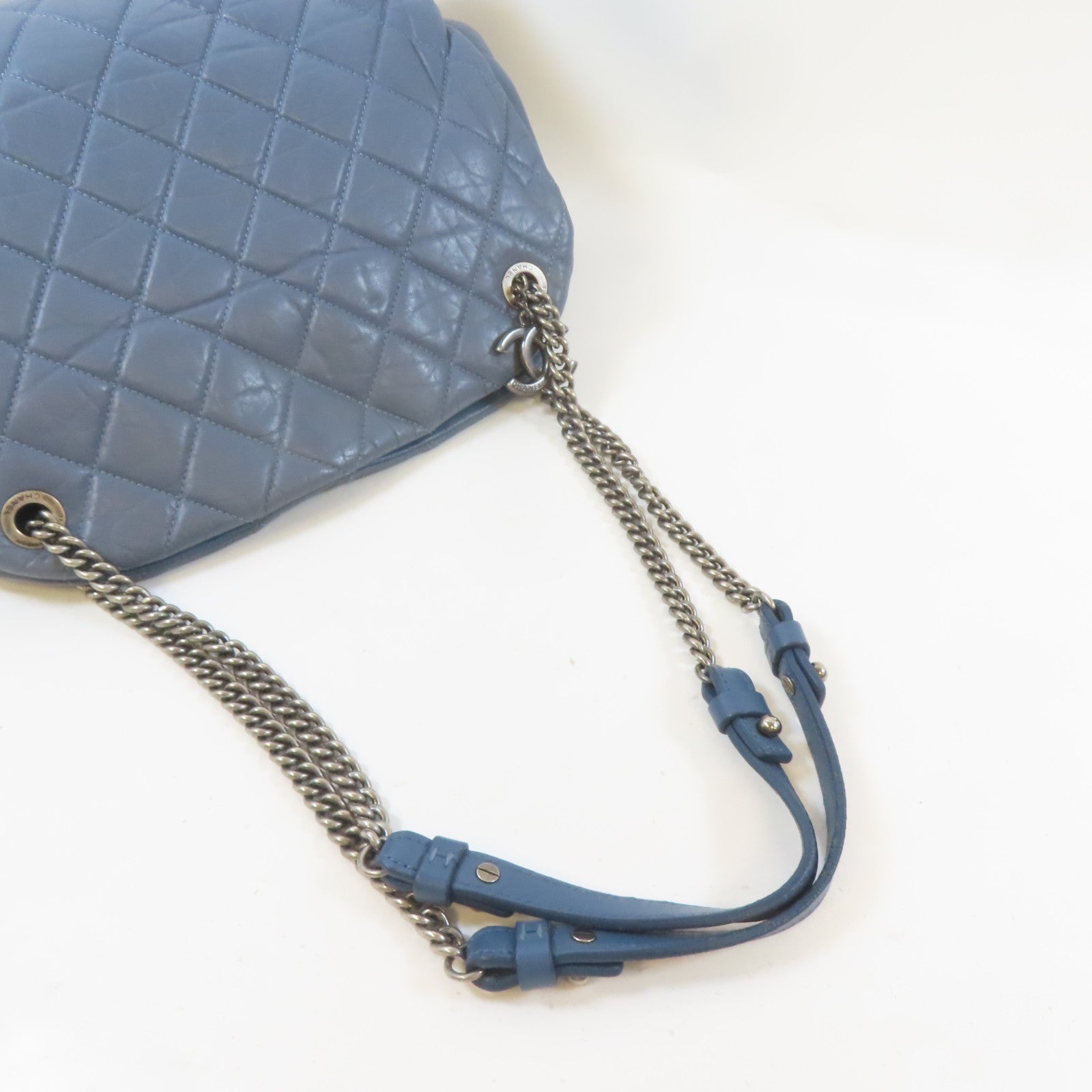 CHANEL 菱格牛皮皮革Chain Shoulder Bag黑扣手挽肩背兩用袋藍色