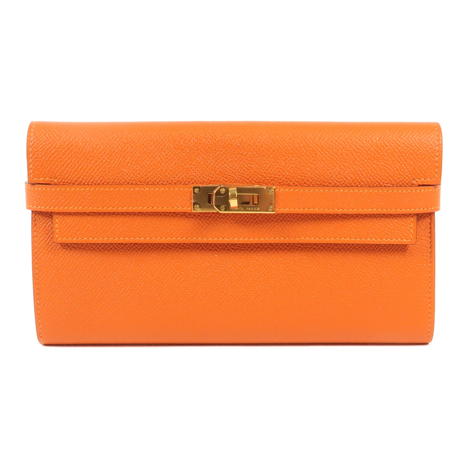 HERMES Epsom皮革Kelly Long Wallet銀扣長錢包Orange