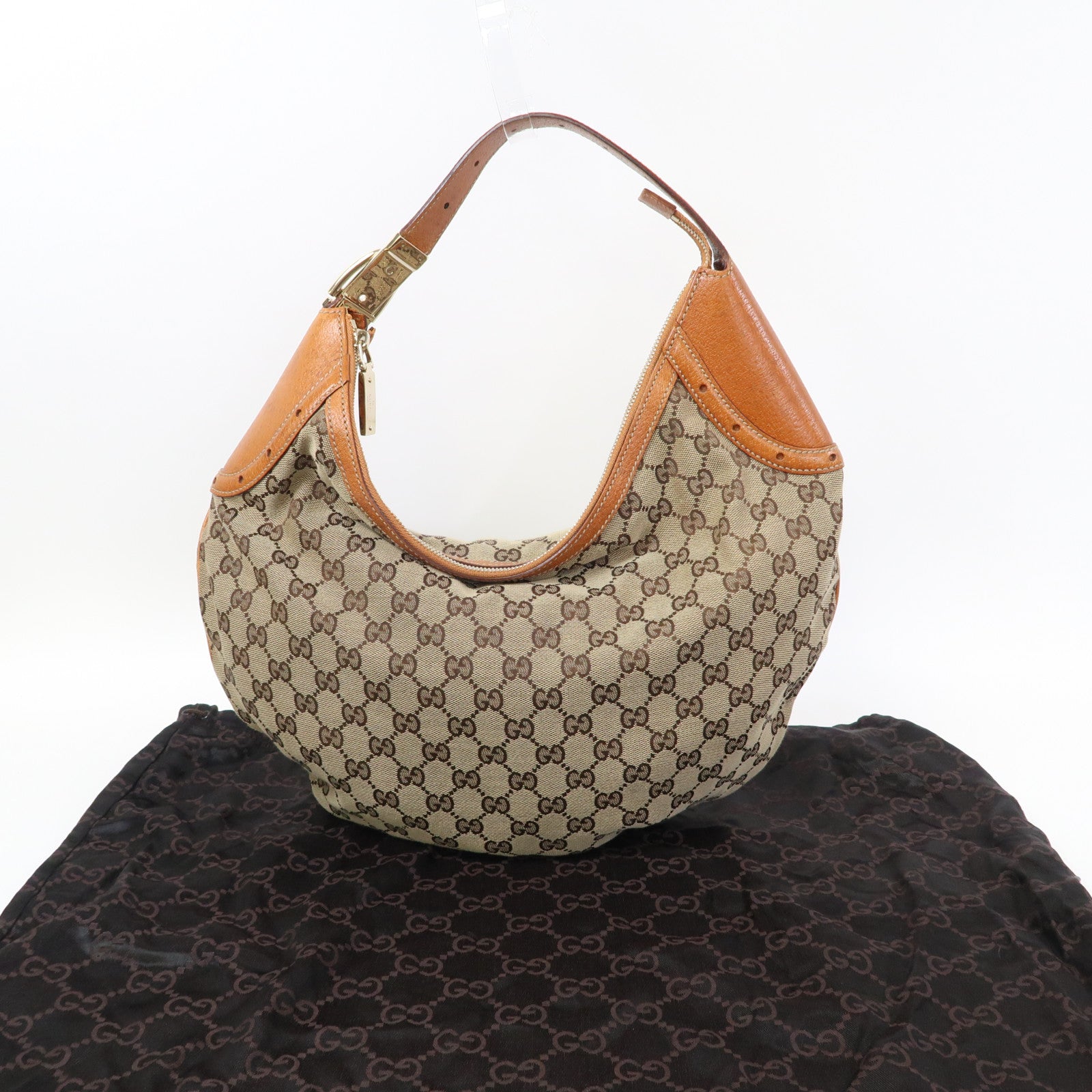GUCCI 帆布Glam Hobo Shoulder Bag金扣肩背袋啡色