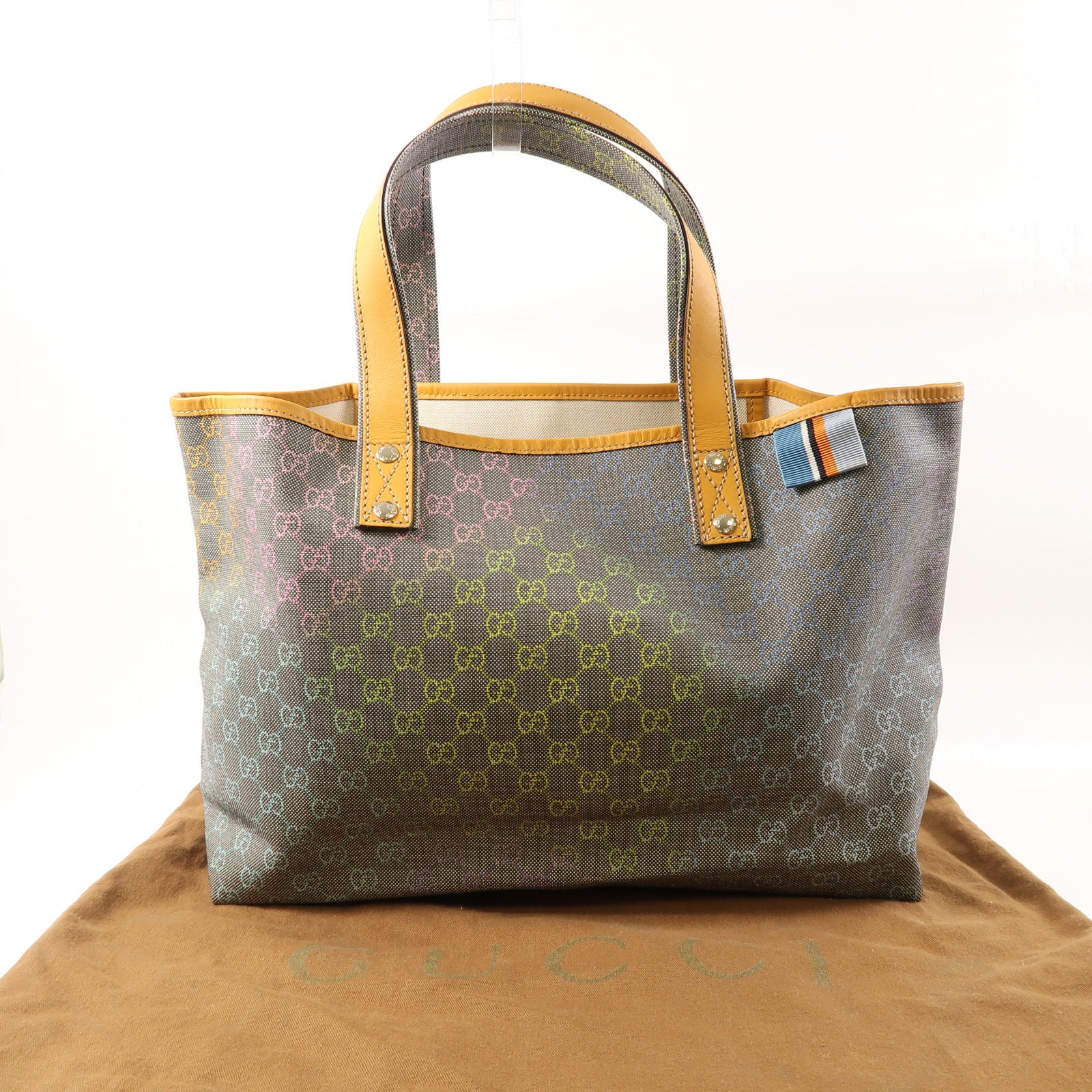 GUCCI 塗層帆布Tote Bag銀扣手挽袋灰色/啡色