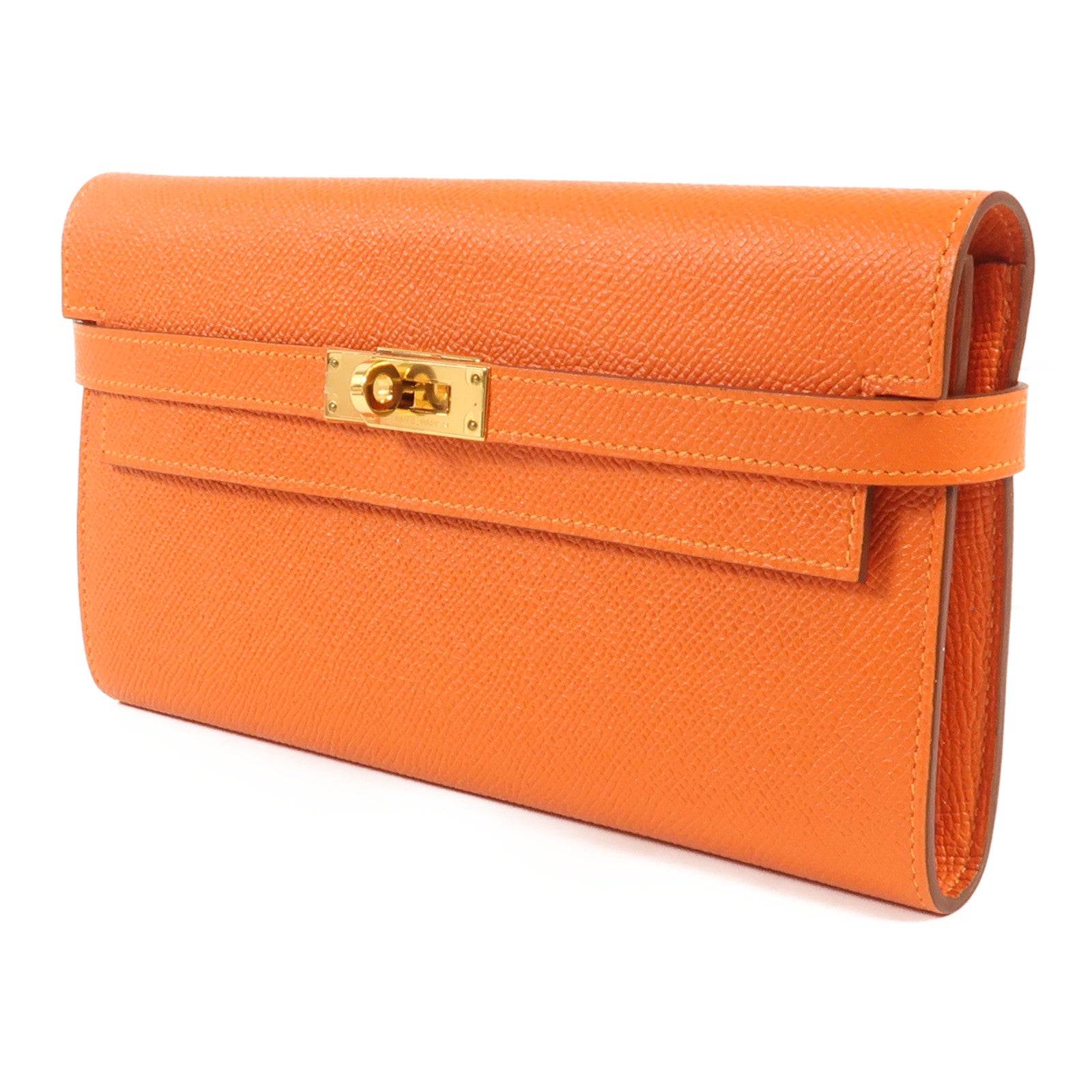 HERMES Epsom皮革Kelly Long Wallet銀扣長錢包Orange