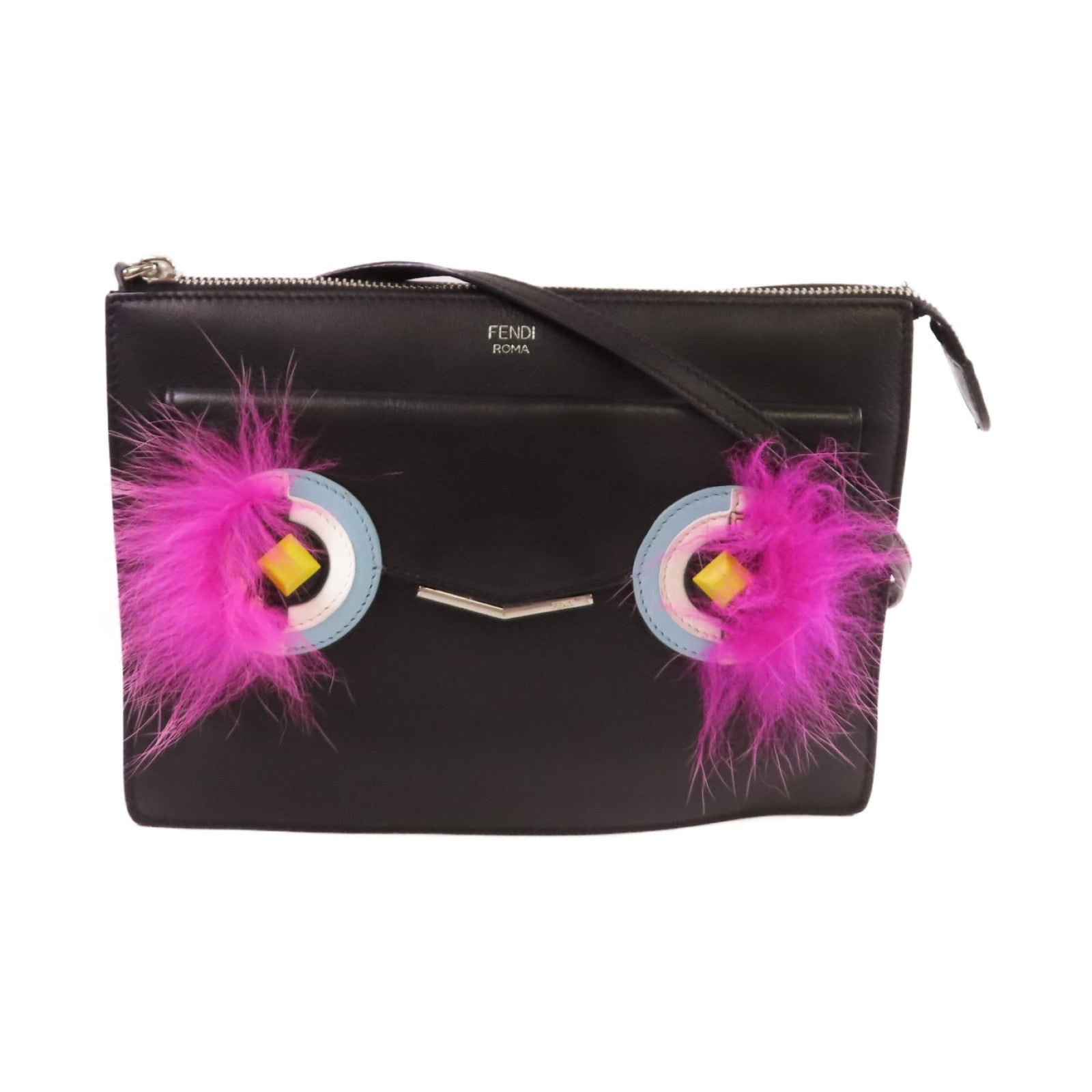 FENDI 【激減優惠】牛皮皮革Monster Shoulder Bag銀扣肩背袋黑色