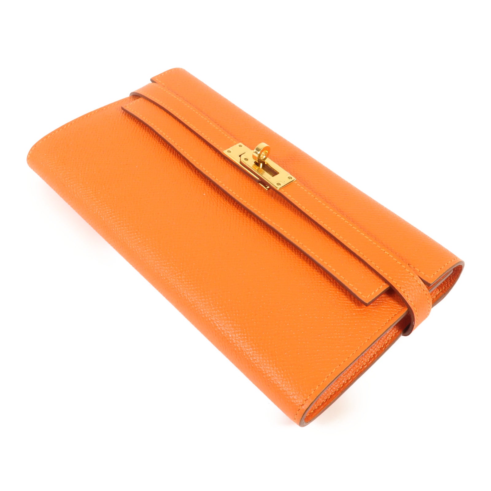 HERMES Epsom皮革Kelly Long Wallet銀扣長錢包Orange