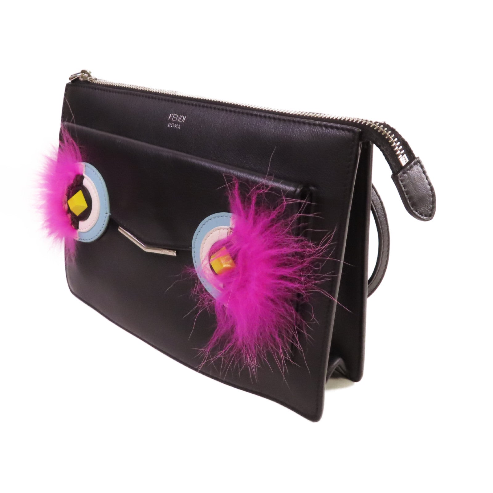 FENDI 【激減優惠】牛皮皮革Monster Shoulder Bag銀扣肩背袋黑色