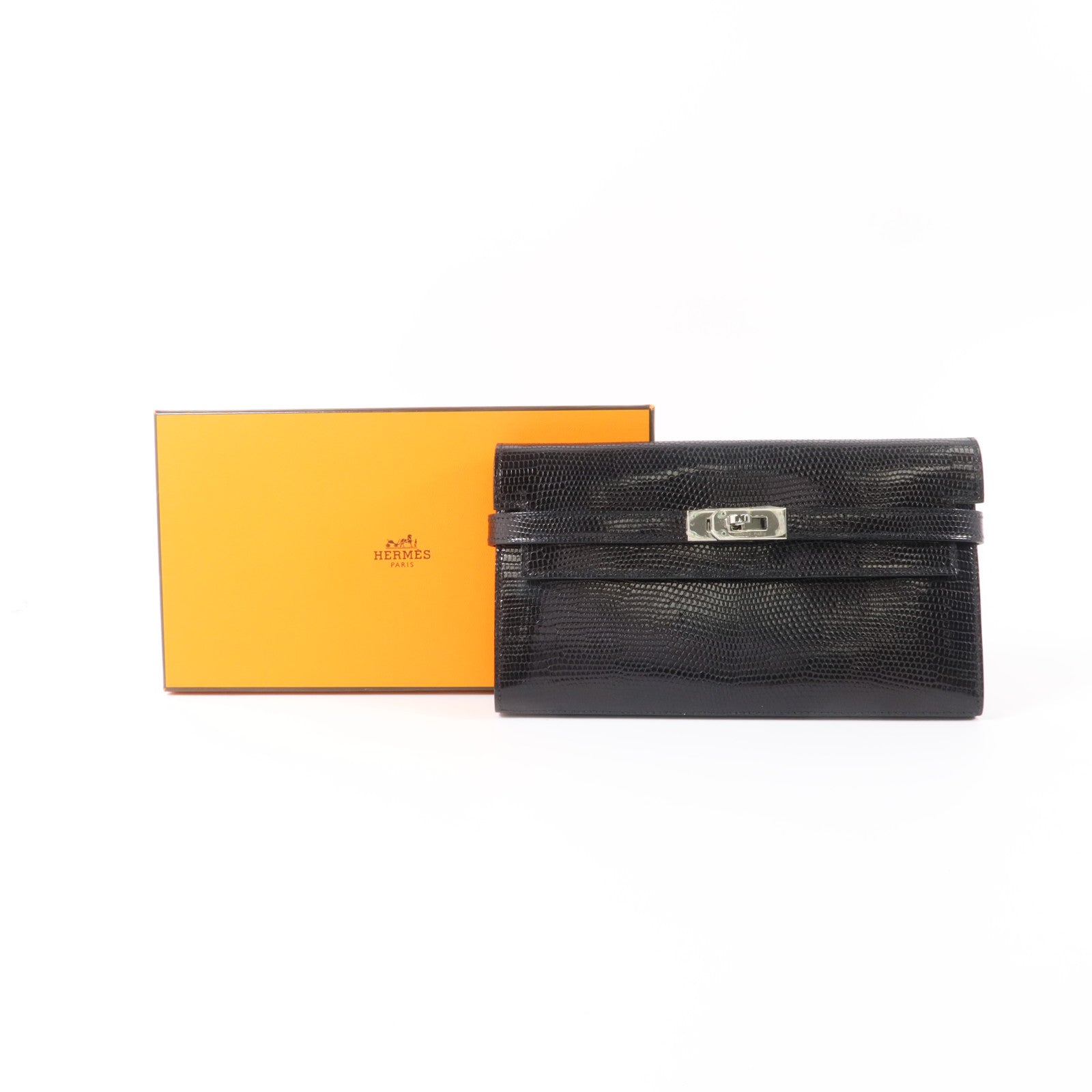 HERMES 蜥蝪皮革Kelly Long Wallet銀扣長錢包Noir