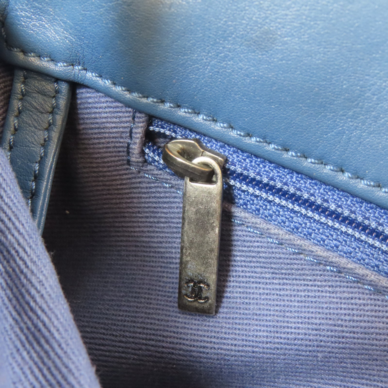 CHANEL 菱格牛皮皮革Chain Shoulder Bag黑扣手挽肩背兩用袋藍色