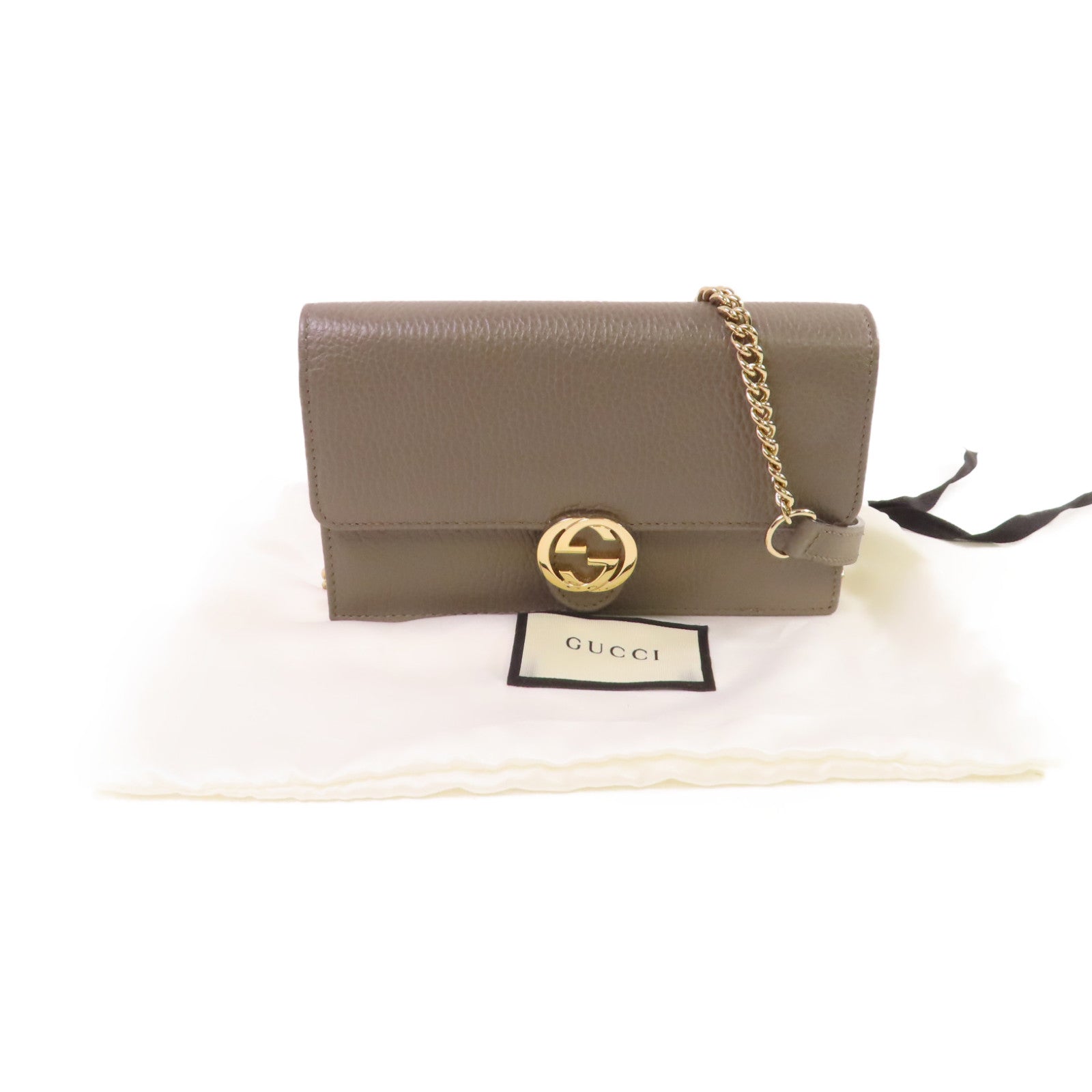 GUCCI 牛皮皮革GG Interlocking Wallet On Chain Shoulder Bag金扣鏈帶肩背袋灰色