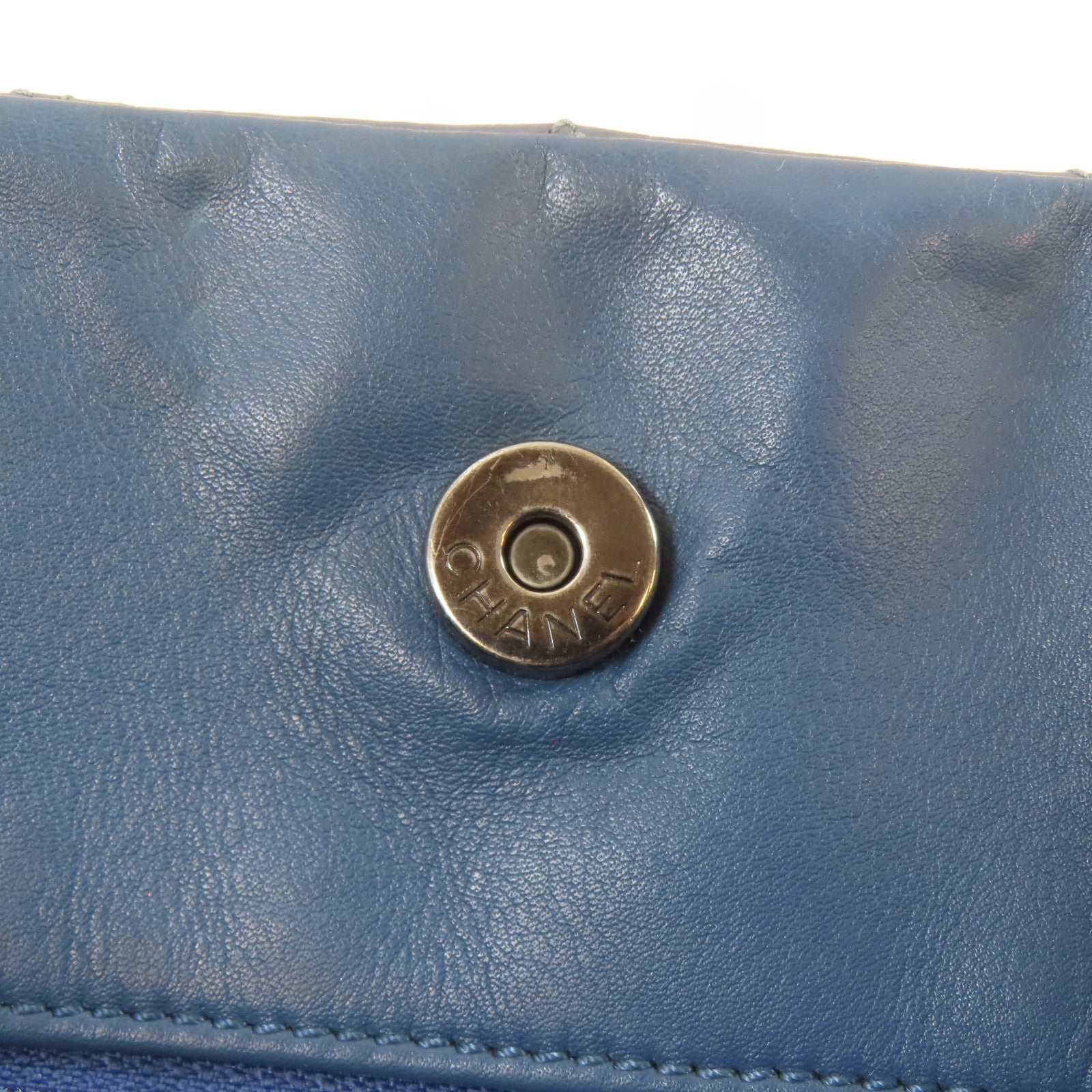 CHANEL 菱格牛皮皮革Chain Shoulder Bag黑扣手挽肩背兩用袋藍色