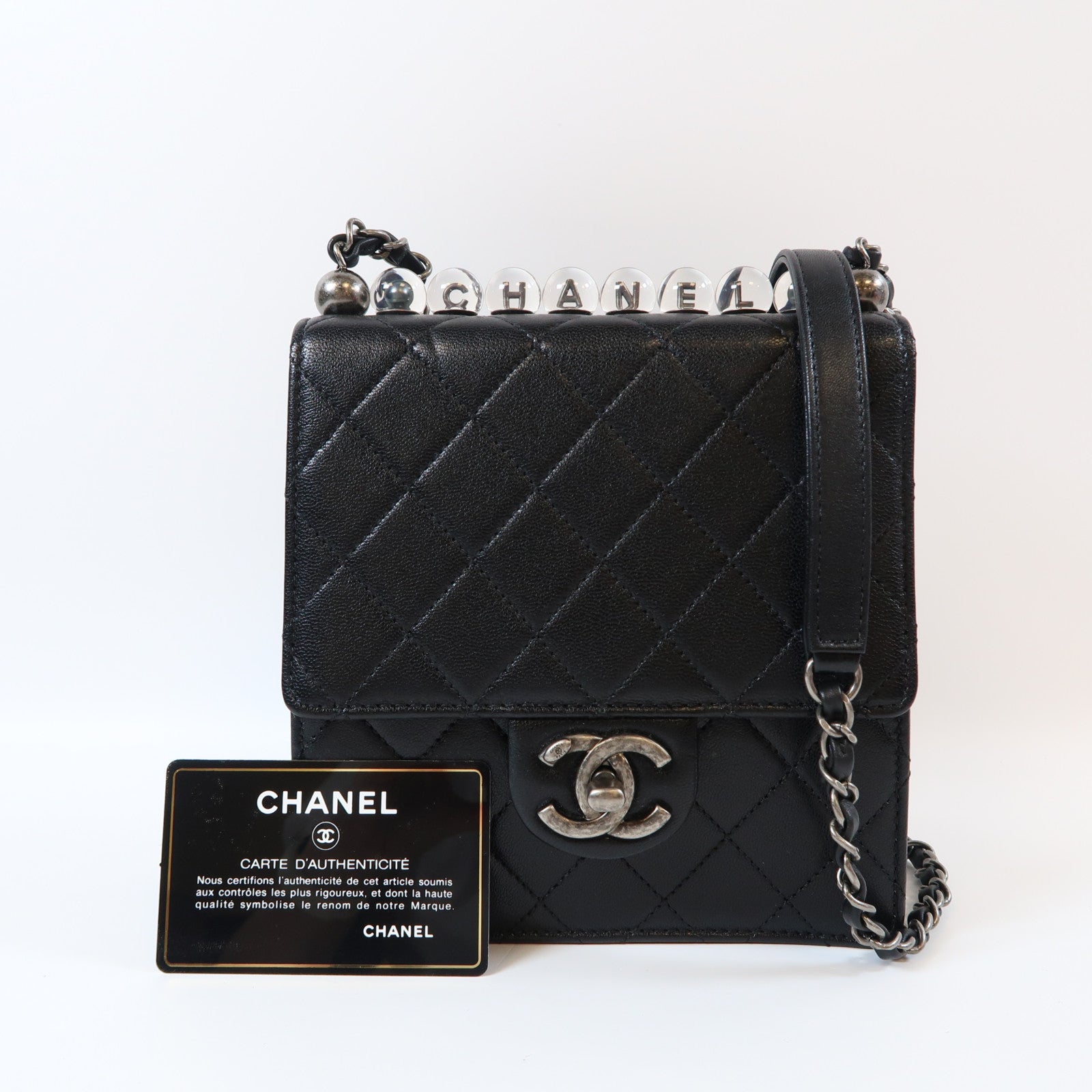 CHANEL 【激減優惠】菱格羊皮皮革Matelasse Pearl Chain黑扣鏈帶肩背袋黑色