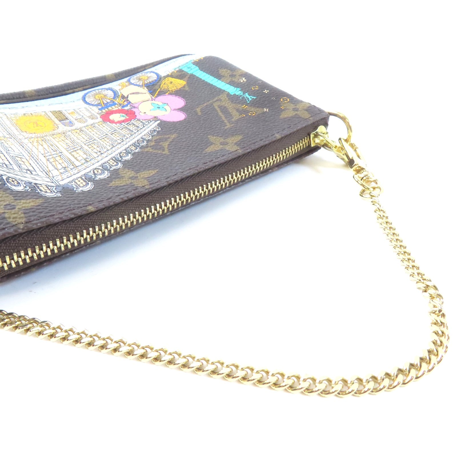 LOUIS VUITTON Monogram Mini Pochette Accessoires金扣鏈帶手挽袋啡色