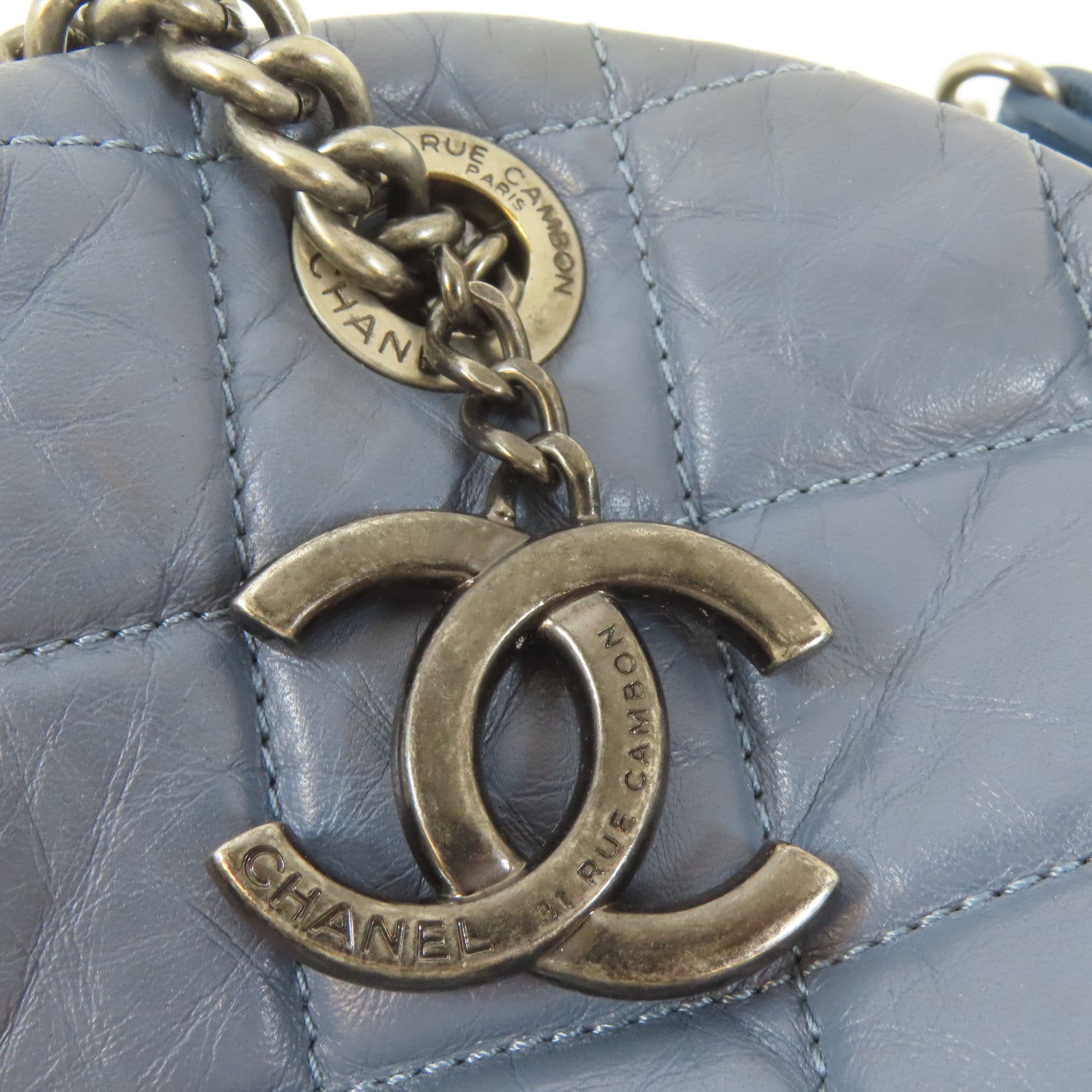 CHANEL 菱格牛皮皮革Chain Shoulder Bag黑扣手挽肩背兩用袋藍色