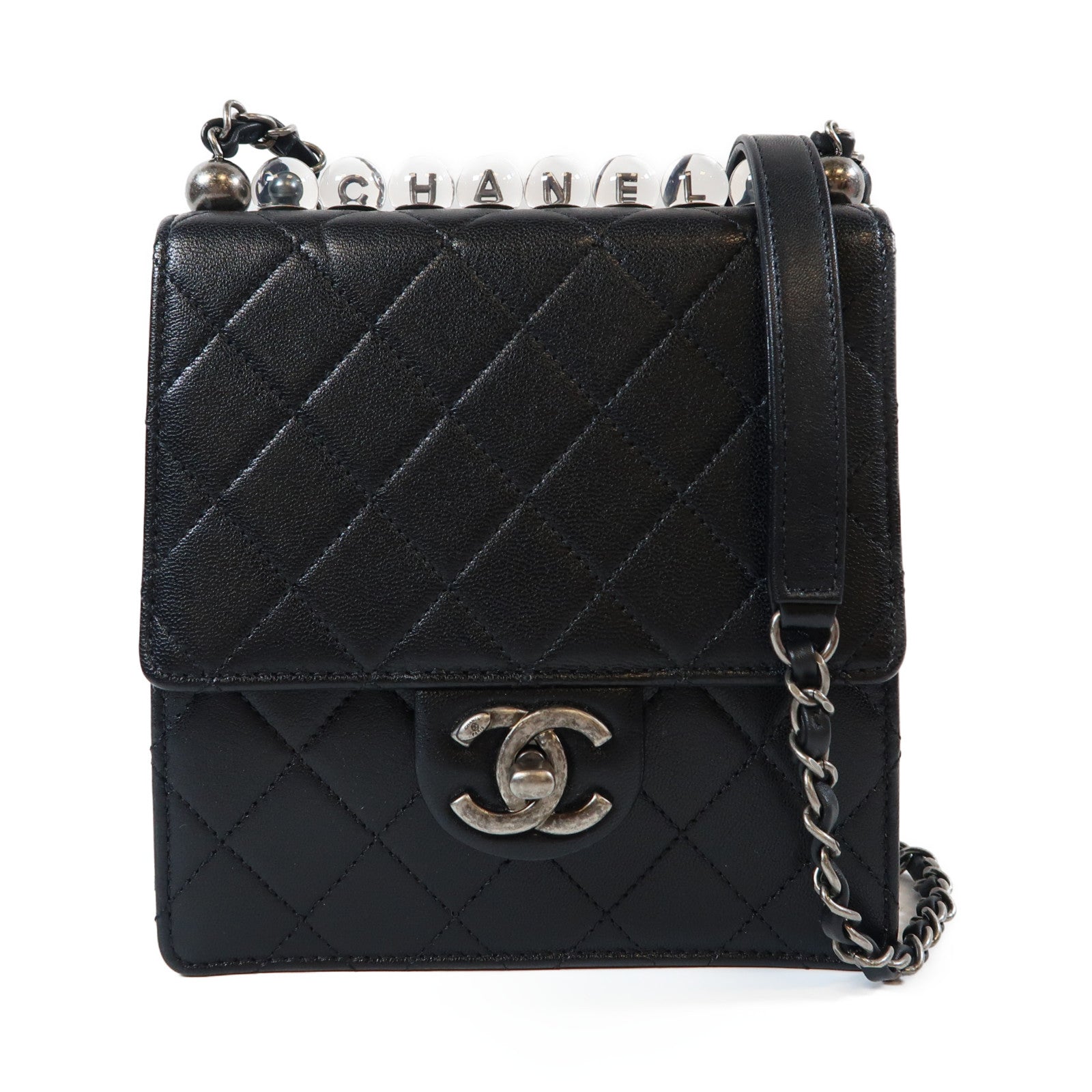 CHANEL 【激減優惠】菱格羊皮皮革Matelasse Pearl Chain黑扣鏈帶肩背袋黑色