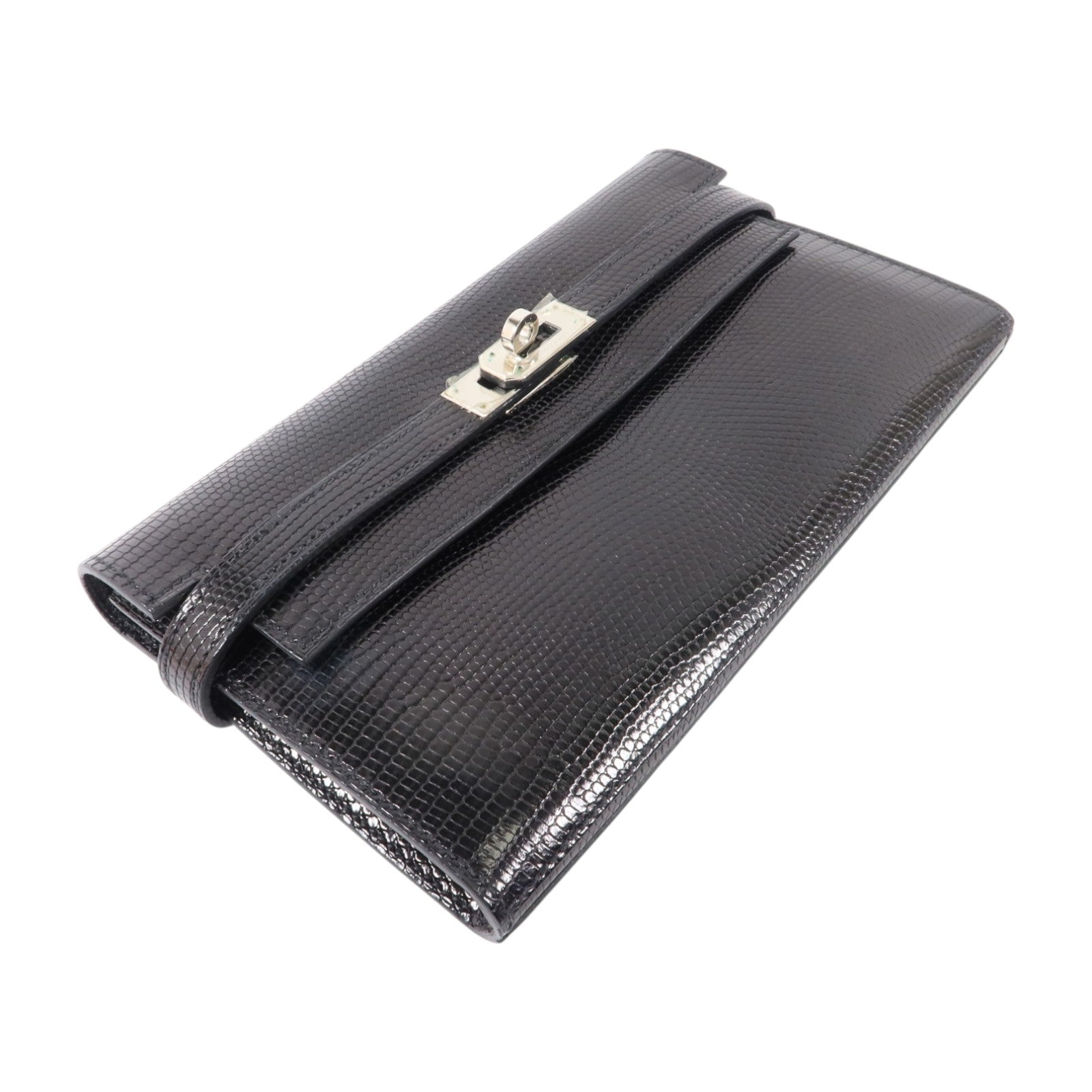HERMES 蜥蝪皮革Kelly Long Wallet銀扣長錢包Noir