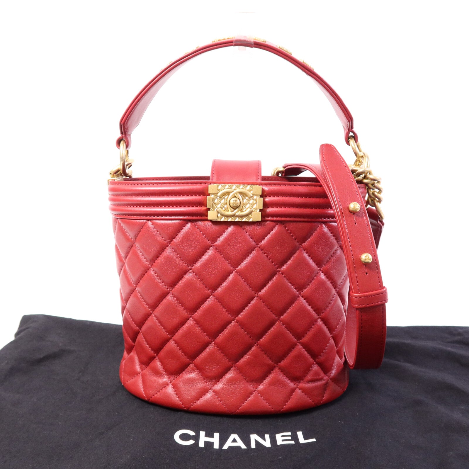 CHANEL 【激減優惠】羊皮皮革Bucket Bag金扣鏈帶手挽肩背兩用袋