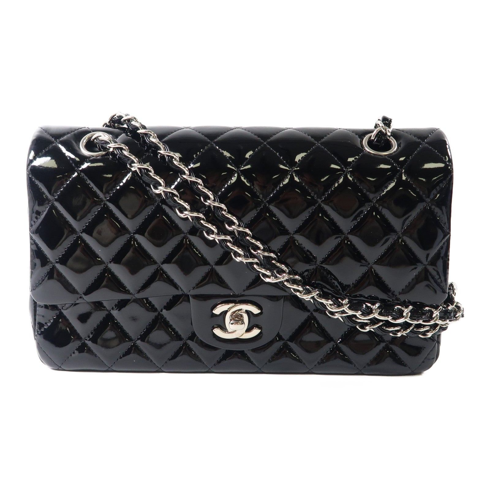 CHANEL 【激減優惠】漆皮皮革Chain Shoulder銀扣鏈帶肩背袋黑色