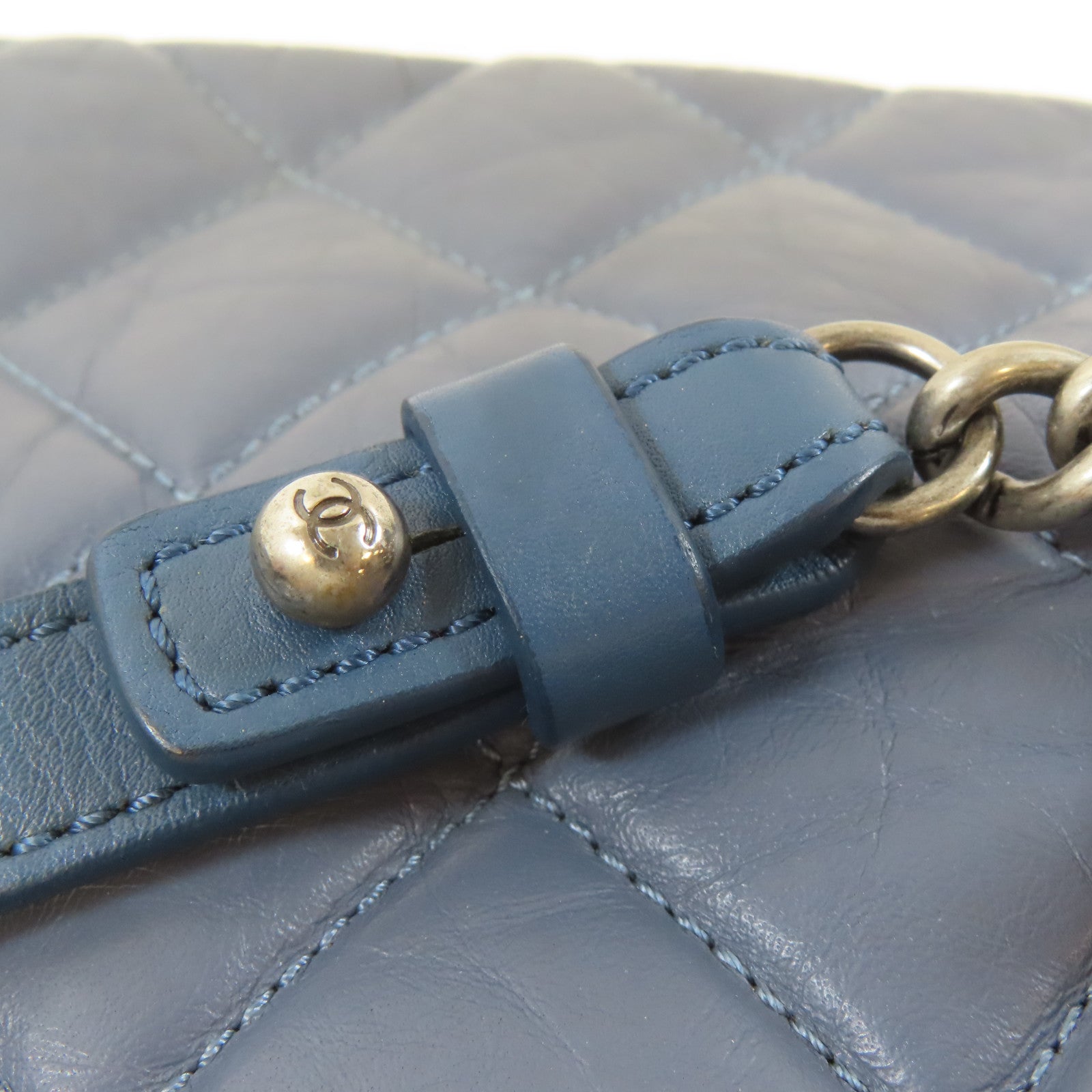 CHANEL 菱格牛皮皮革Chain Shoulder Bag黑扣手挽肩背兩用袋藍色