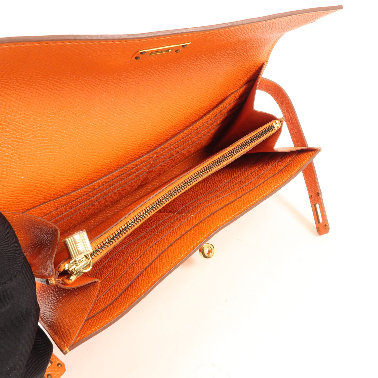 HERMES Epsom皮革Kelly Long Wallet銀扣長錢包Orange