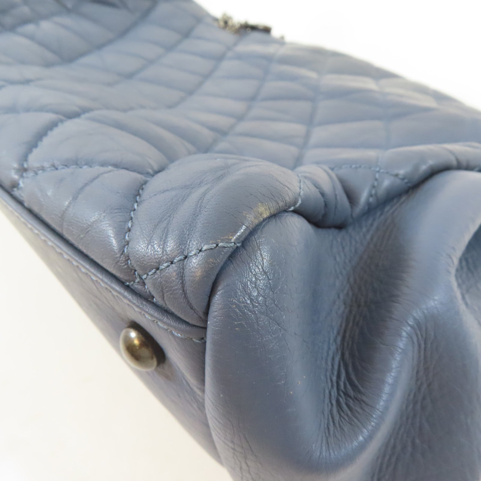 CHANEL 菱格牛皮皮革Chain Shoulder Bag黑扣手挽肩背兩用袋藍色