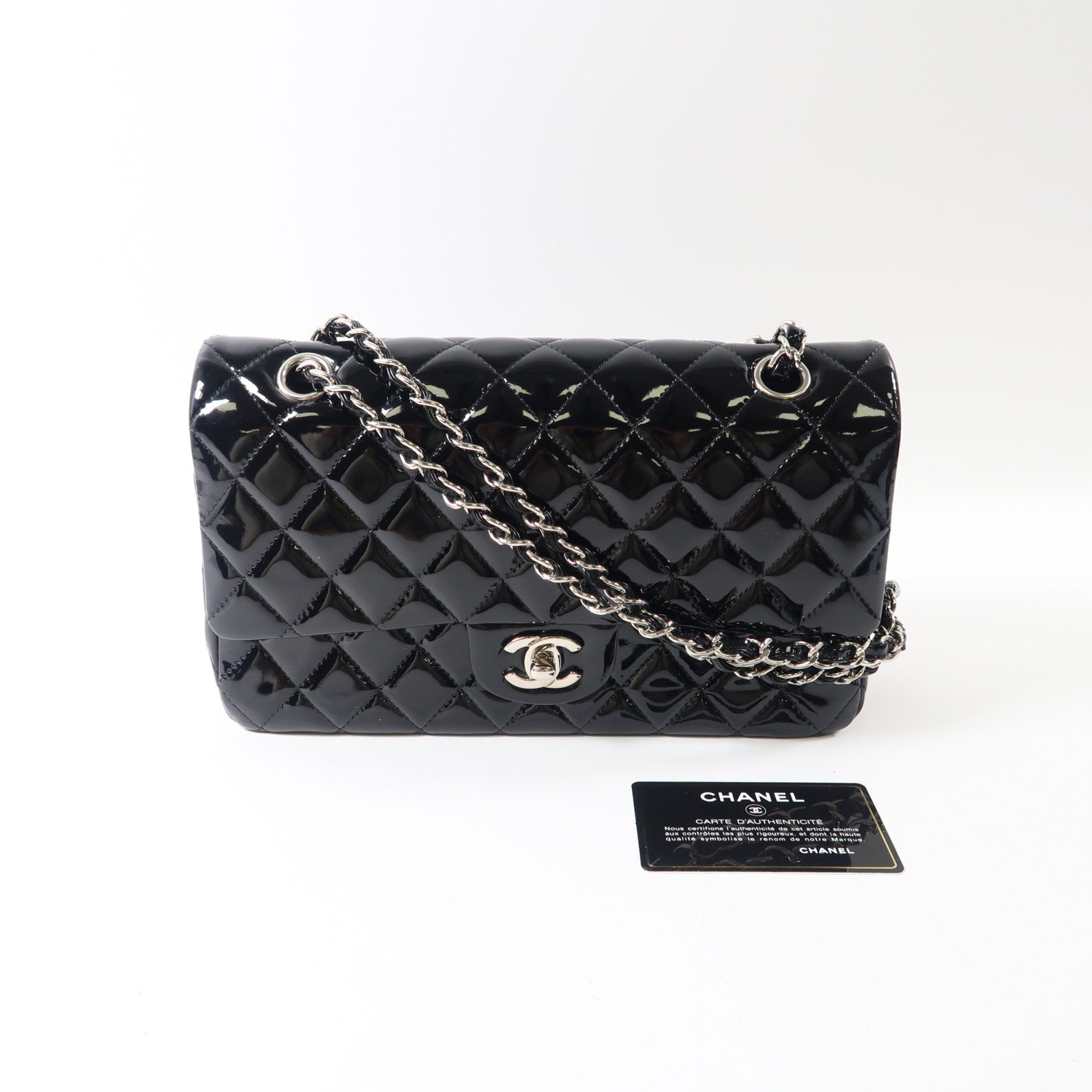 CHANEL 【激減優惠】漆皮皮革Chain Shoulder銀扣鏈帶肩背袋黑色