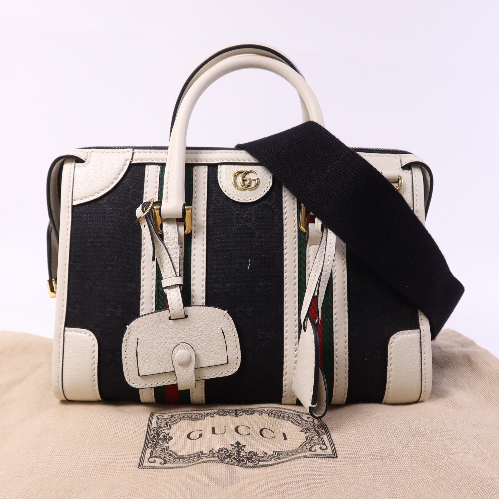 GUCCI 牛皮皮革/帆布Bauletto Small Top Handle金扣手挽肩背兩用袋