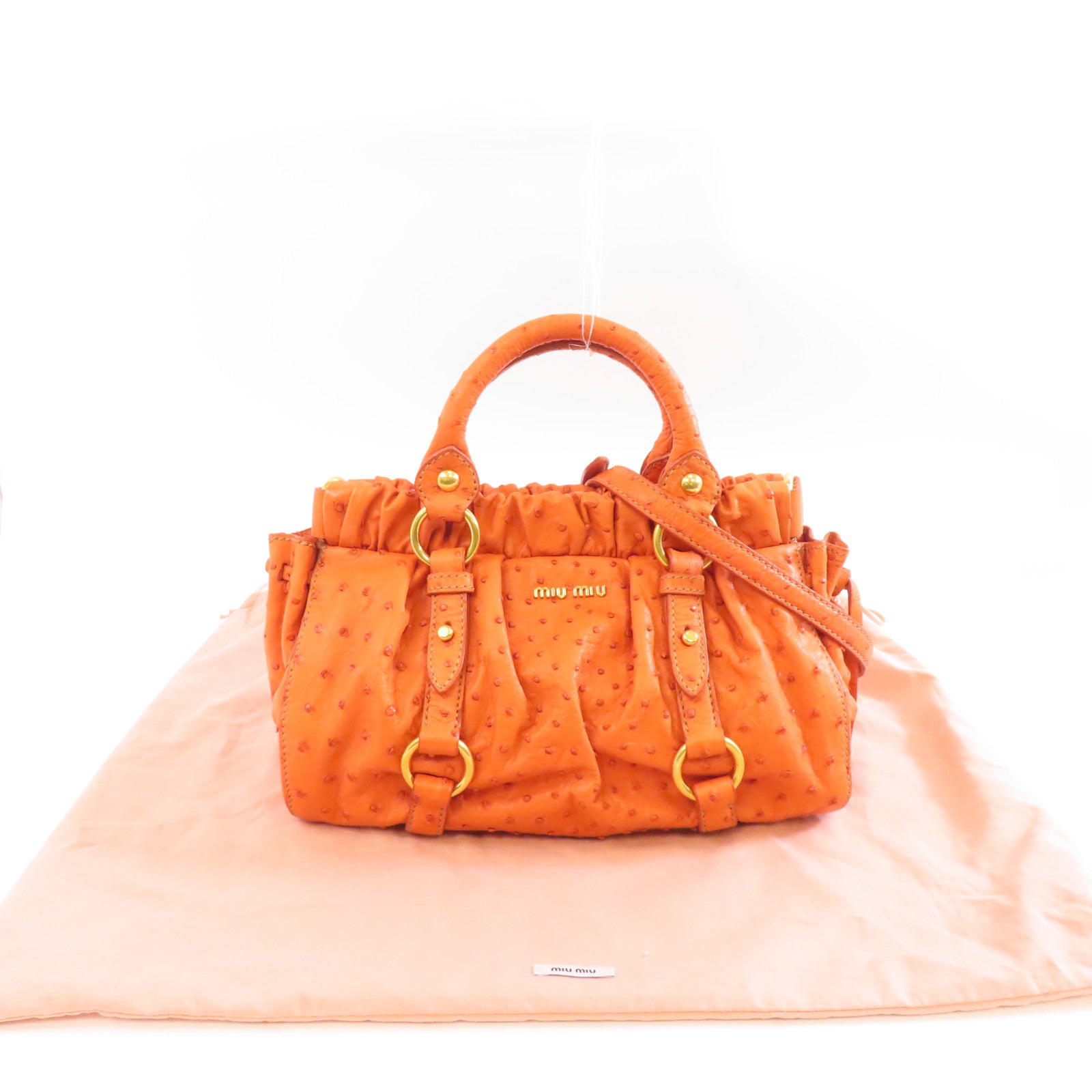 Miu Miu 鴕鳥皮革2 Way Shoulder金扣手挽肩背兩用袋橙色