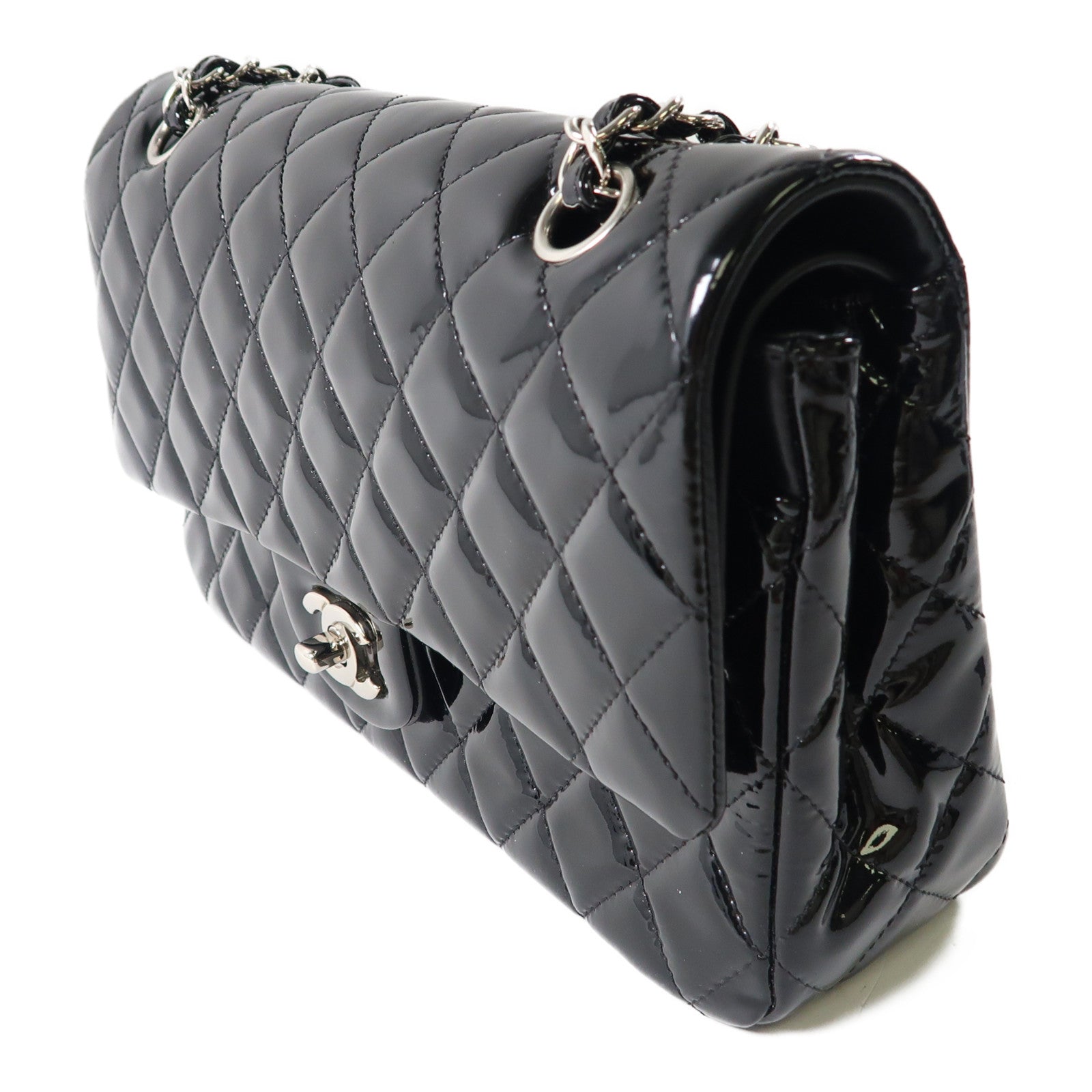 CHANEL 【激減優惠】漆皮皮革Chain Shoulder銀扣鏈帶肩背袋黑色
