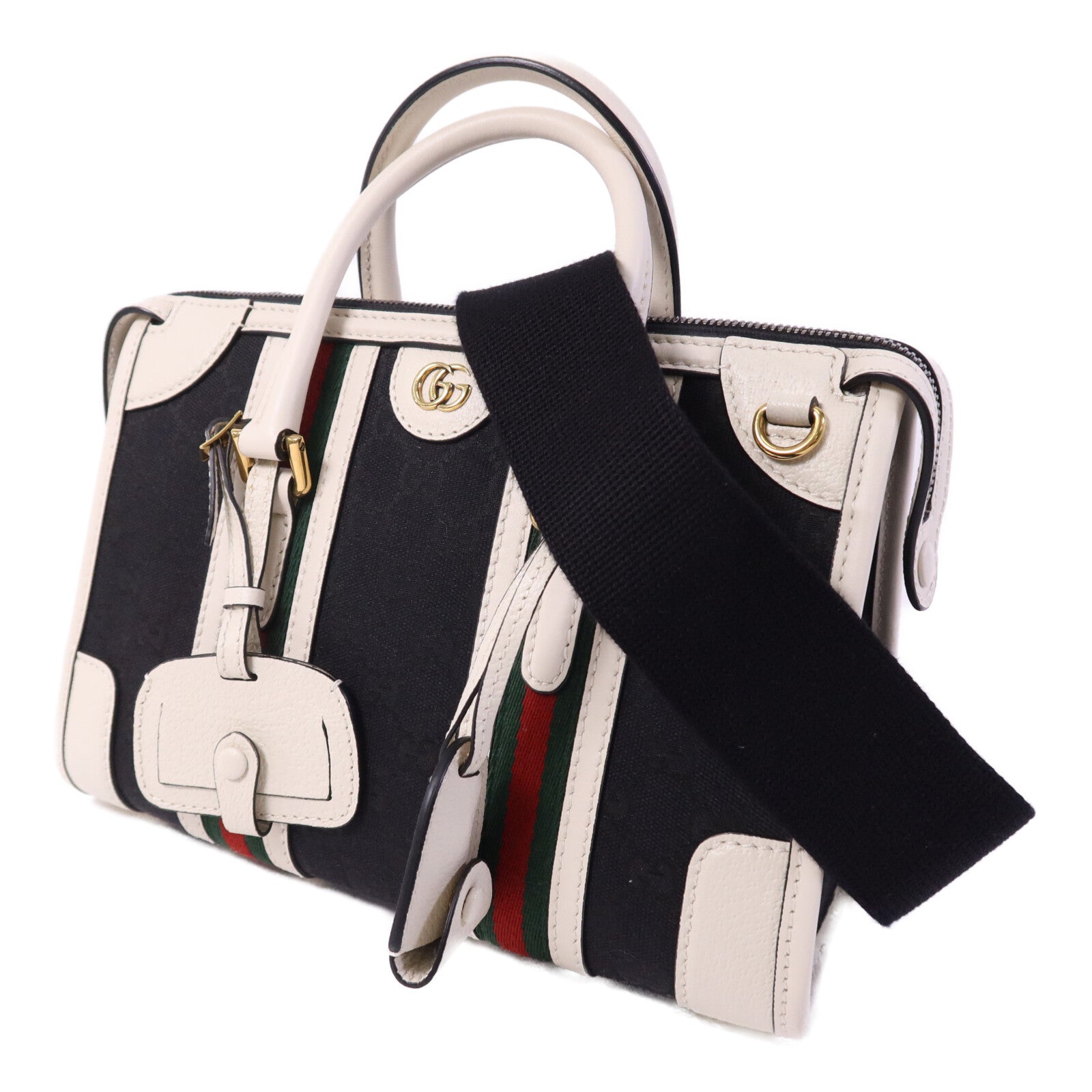GUCCI 牛皮皮革/帆布Bauletto Small Top Handle金扣手挽肩背兩用袋