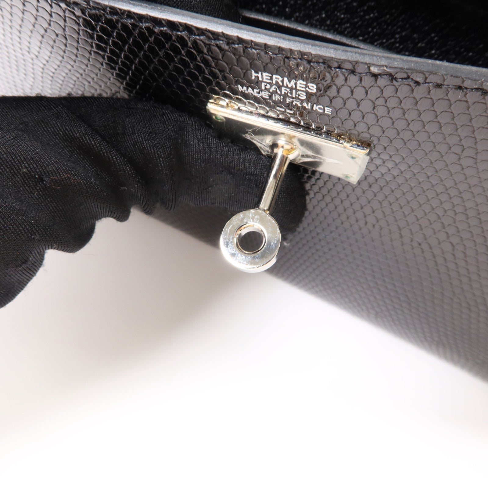 HERMES 蜥蝪皮革Kelly Long Wallet銀扣長錢包Noir