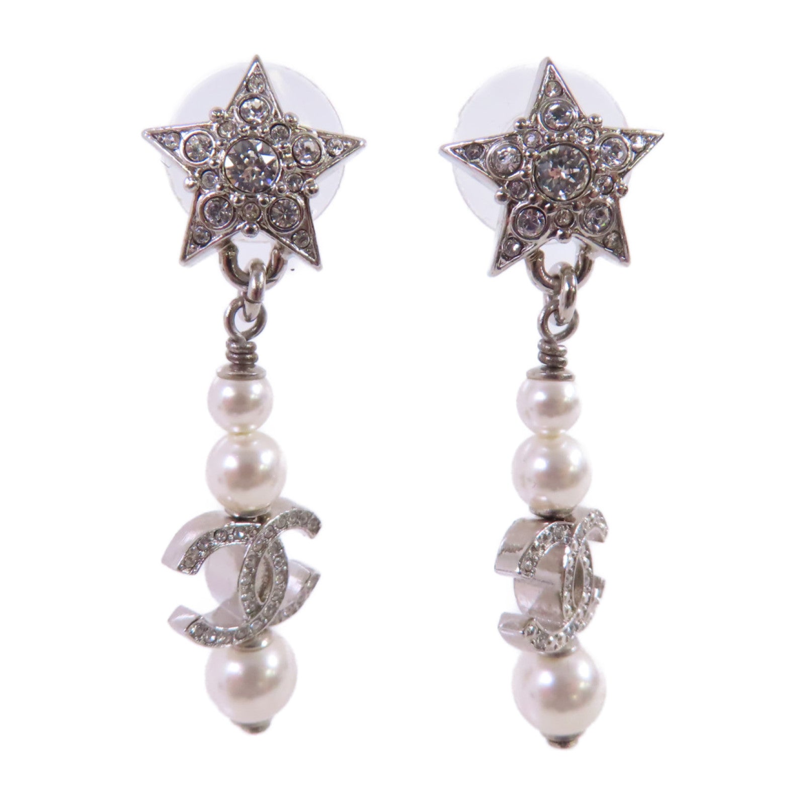 CHANEL 金屬/仿珍珠/水鑽CC Earrings銀扣耳環