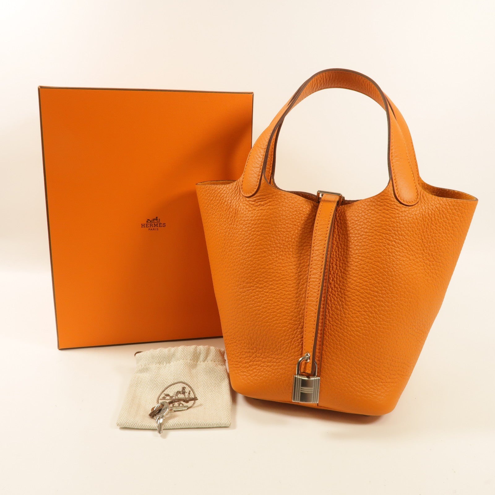 HERMES PHW Picotin PM Handbag Clemence Leather Orange